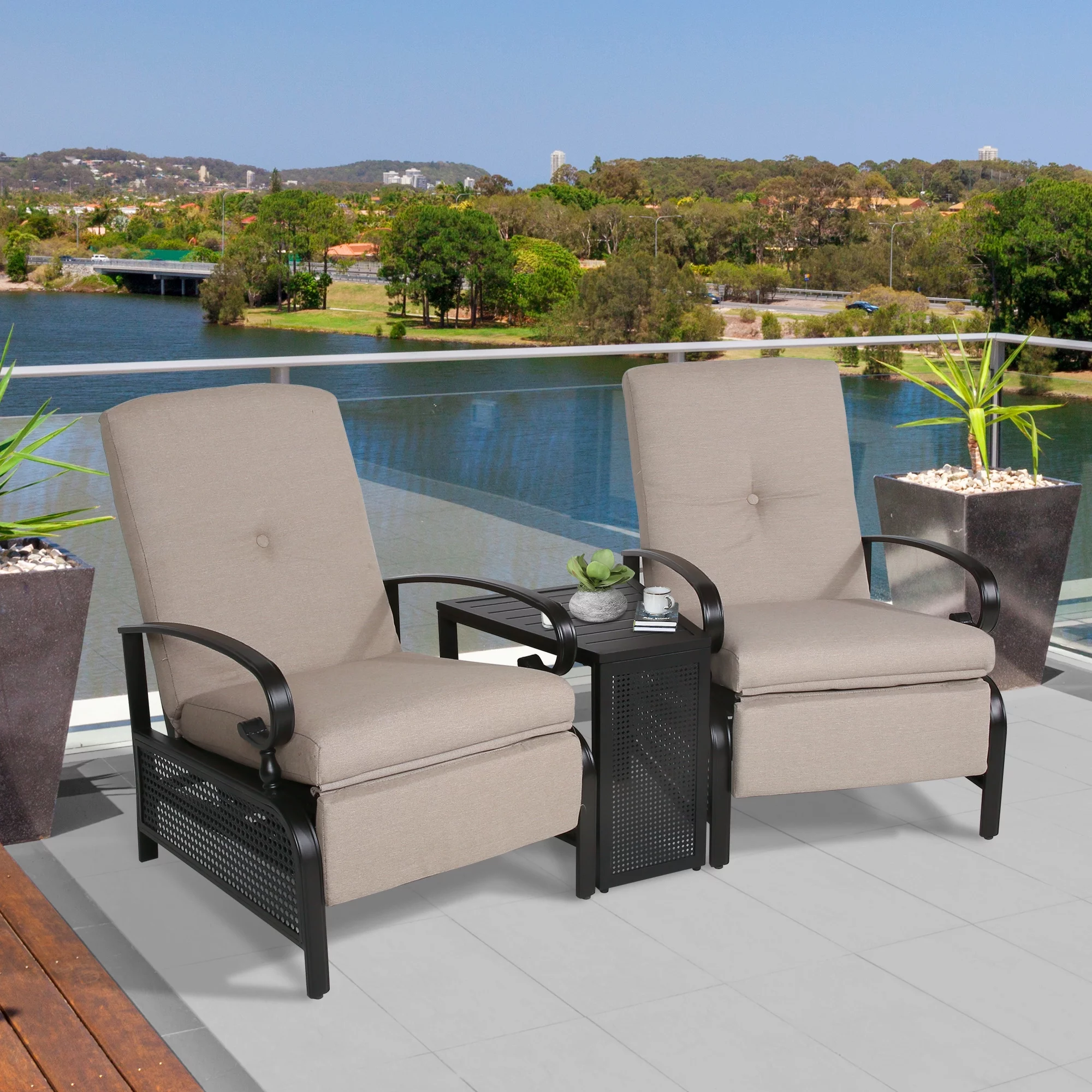 Ulax Furniture 3 Pieces Outdoor/Indoor Metal Recliner Conversation Set, Sailcloth Beige