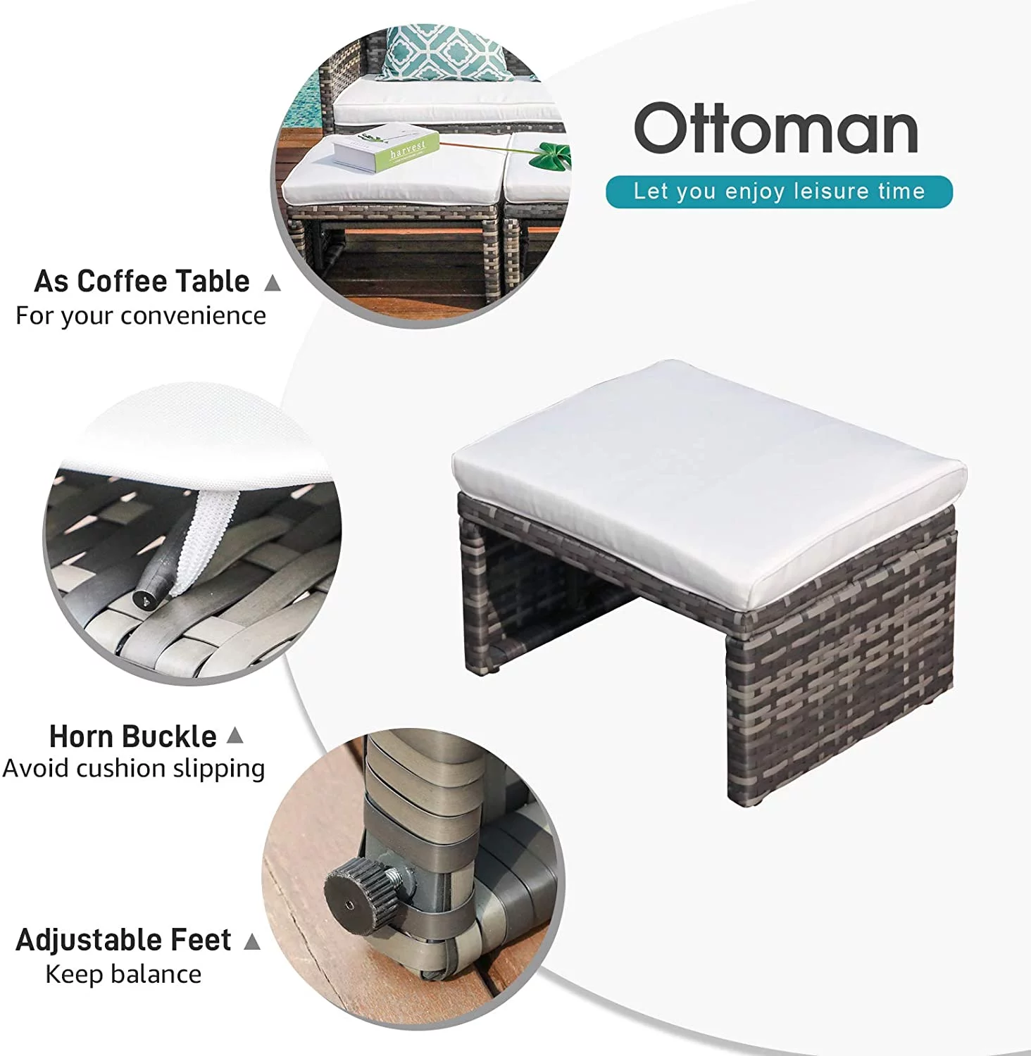 Outdoor Loveseat Patio Furniture Rattan Conversation Set with Ottoman, White Cushions, Grey Wicker, Pillows Included