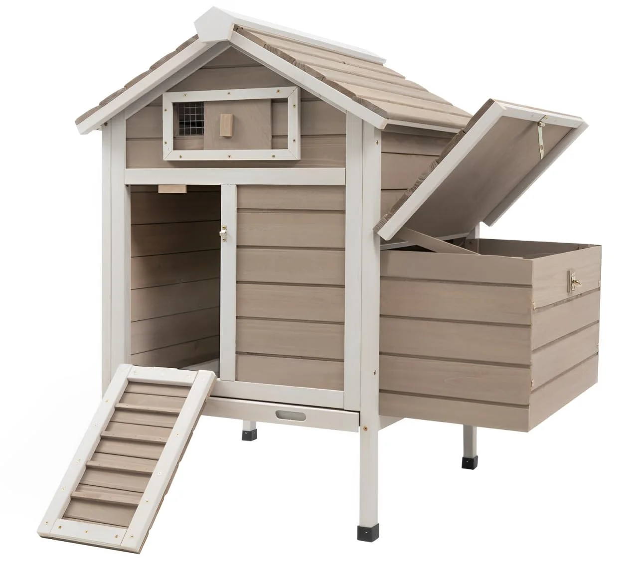 PETSCOSSET Chicken Coop Rabbit Hutch with Removable Trays,Raised Floor Hen House with Nesting Box,Wooden Outdoor Poultry Cage Pet House with Ramp Run Hen Cage for Garden Backyard,Grey