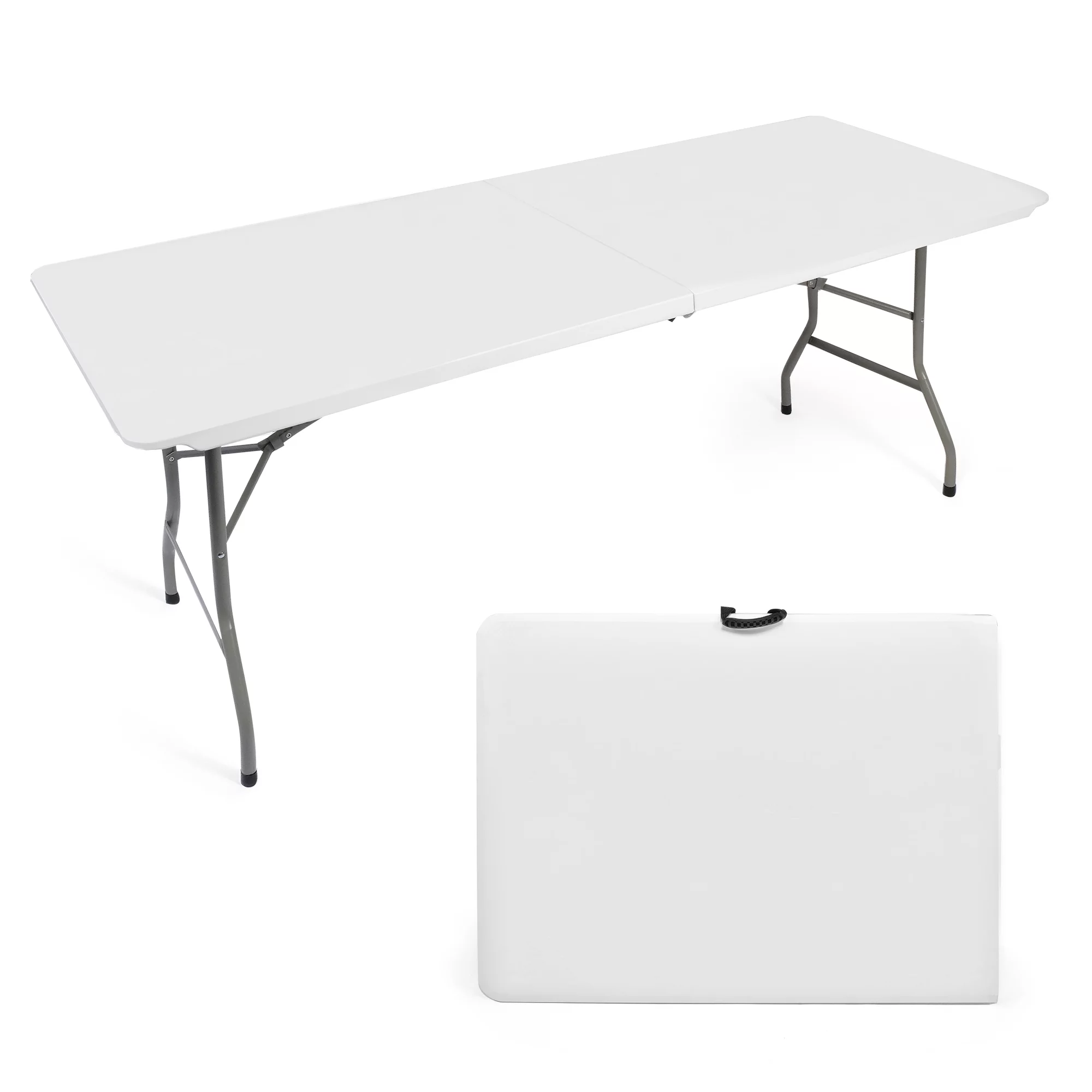 KARMAS PRODUCT 6FT Fold-in-Half Camping Table 71'' White Portable Folding Craft Table w/Handle for Office, Beach, Picnic, Garden, Home, Dining, Wedding No Assembly and Easy to Carry