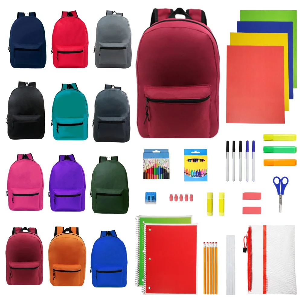 24 Pack - 15 Inch Bulk Backpacks in 12 Assorted Colors with 52 Piece Wholesale School Supply Kits - Case of 12 Backpacks, 12 Kits Value Bundle