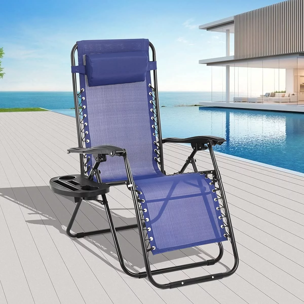 NiamVelo Zero Gravity Chair Lawn Chair Outdoor Folding Patio Lounge Chair Recliner with Removable Pillow & Cup Holder, Blue, 37