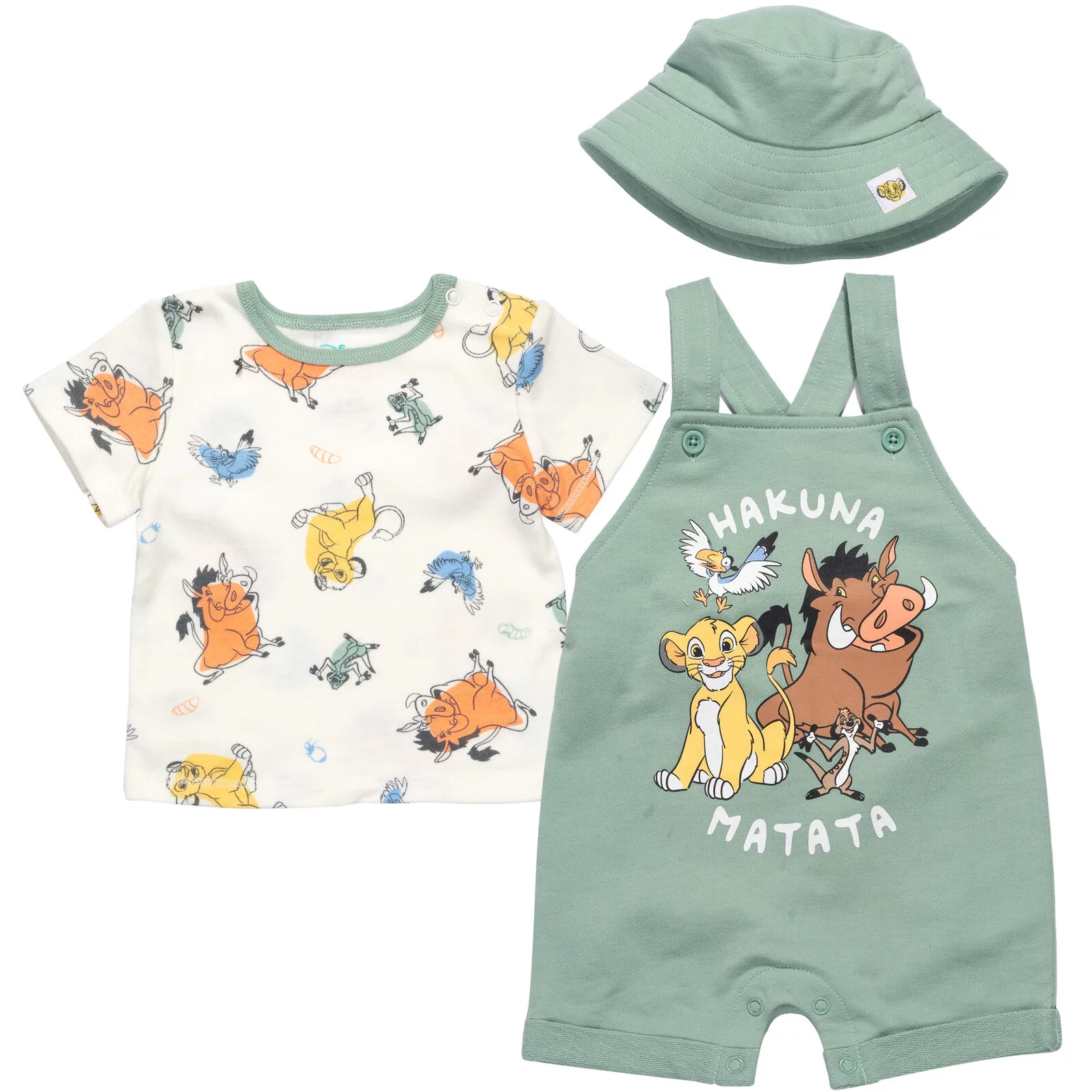 Disney Lion King Simba Timon Pumbaa Infant Baby Boys French Terry Short Overalls T-Shirt and Hat 3 Piece Outfit Set Newborn to Infant