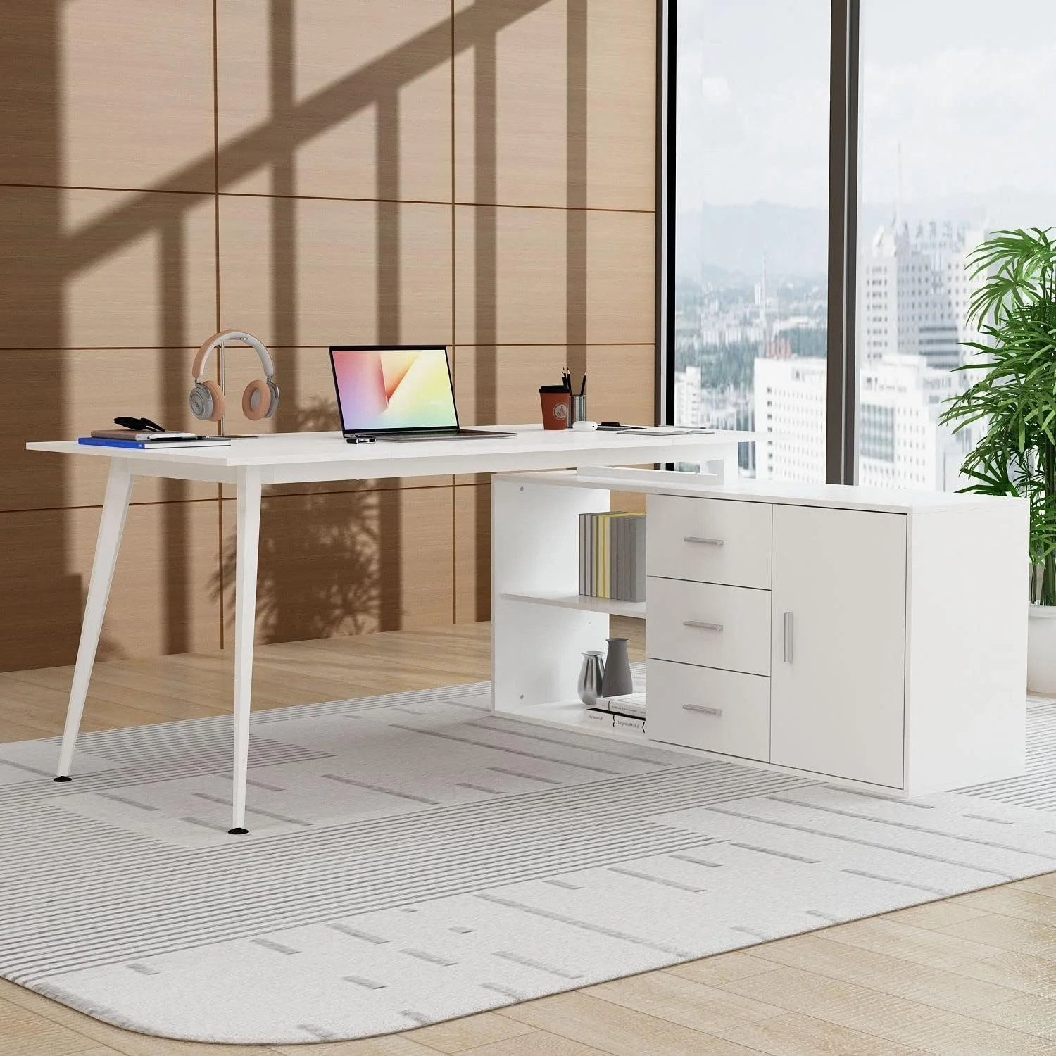 67.9” L-Shaped Desk Office Desk with Storage, Desk with 3 Drawers and Shelves, Corner Desk with Metal Legs, for Home Office White (67.9”W x 55.1”D x 28.7”H)