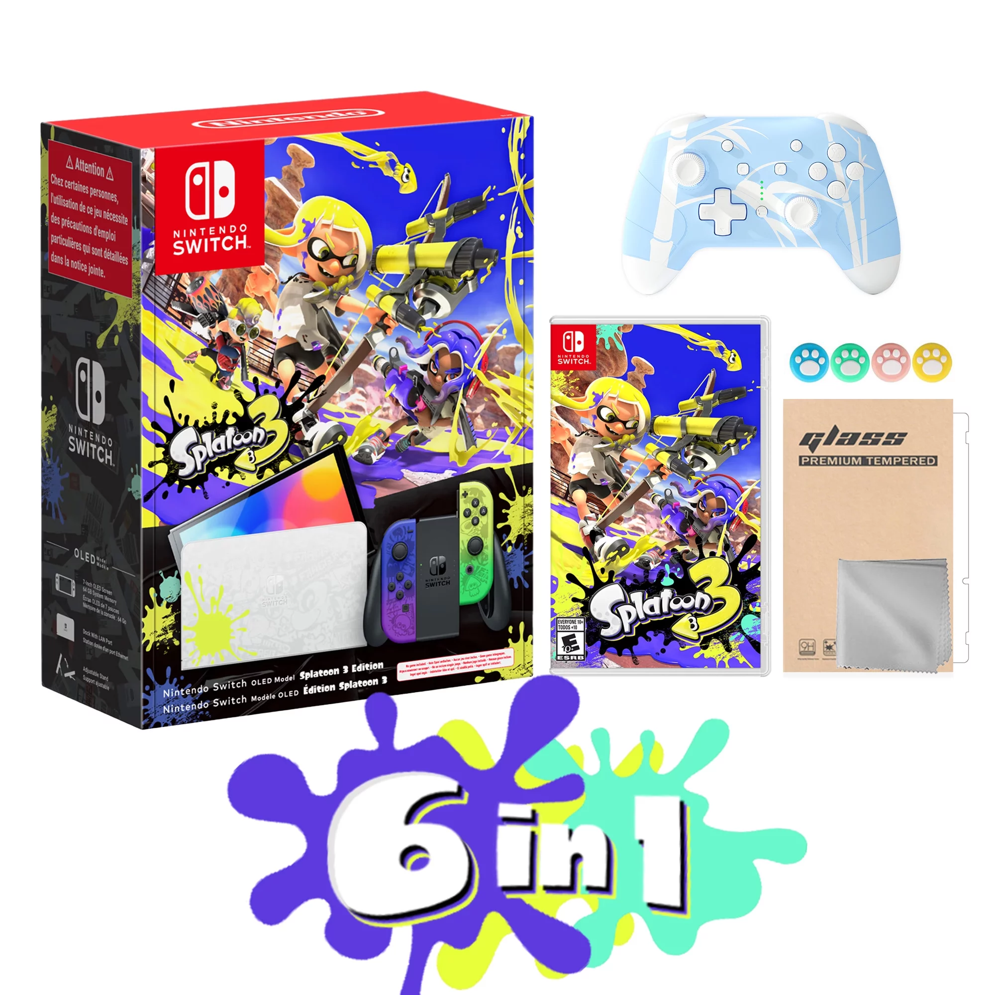 2022 Nintendo Switch OLED Splatoon 3 Limited Edition with Splatoon 3 Game, Blue & Yellow Gradient Joy-Con 64GB Console, LAN-Port Graffiti-themed Dock, Mytrix Bamboo Wireless Pro Controller & Accessory