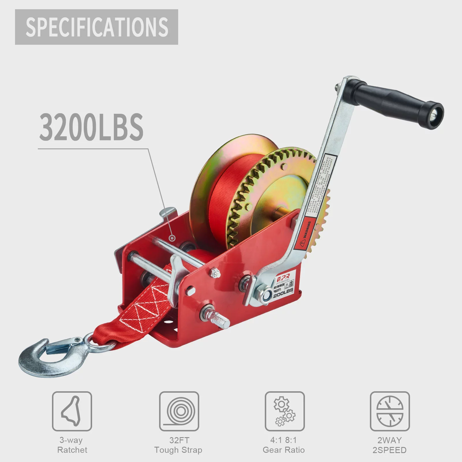 OPENROAD 3200lbs Hand Winch Boat Trailer Winch, with 10m (32ft) Strap Crank Winch Manual Hand, Quality Boat use Towing Winch (Red 3200lbs)