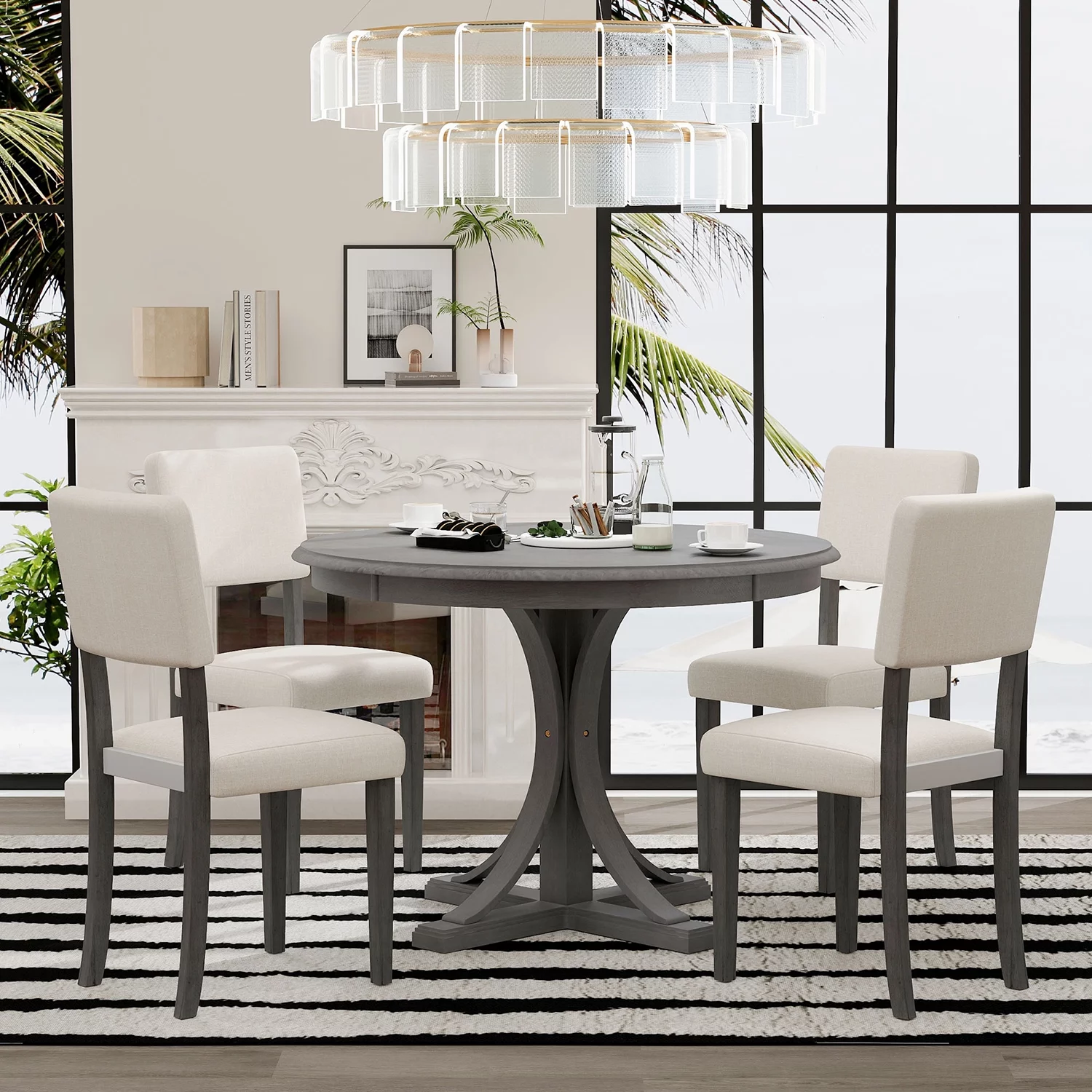 Churanty 5 Pieces Round Dining Table Set for 4, Retro Style Kitchen Table Set with Curved Trestle Style Table Legs and 4 Upholstered Chairs,Dark Gray
