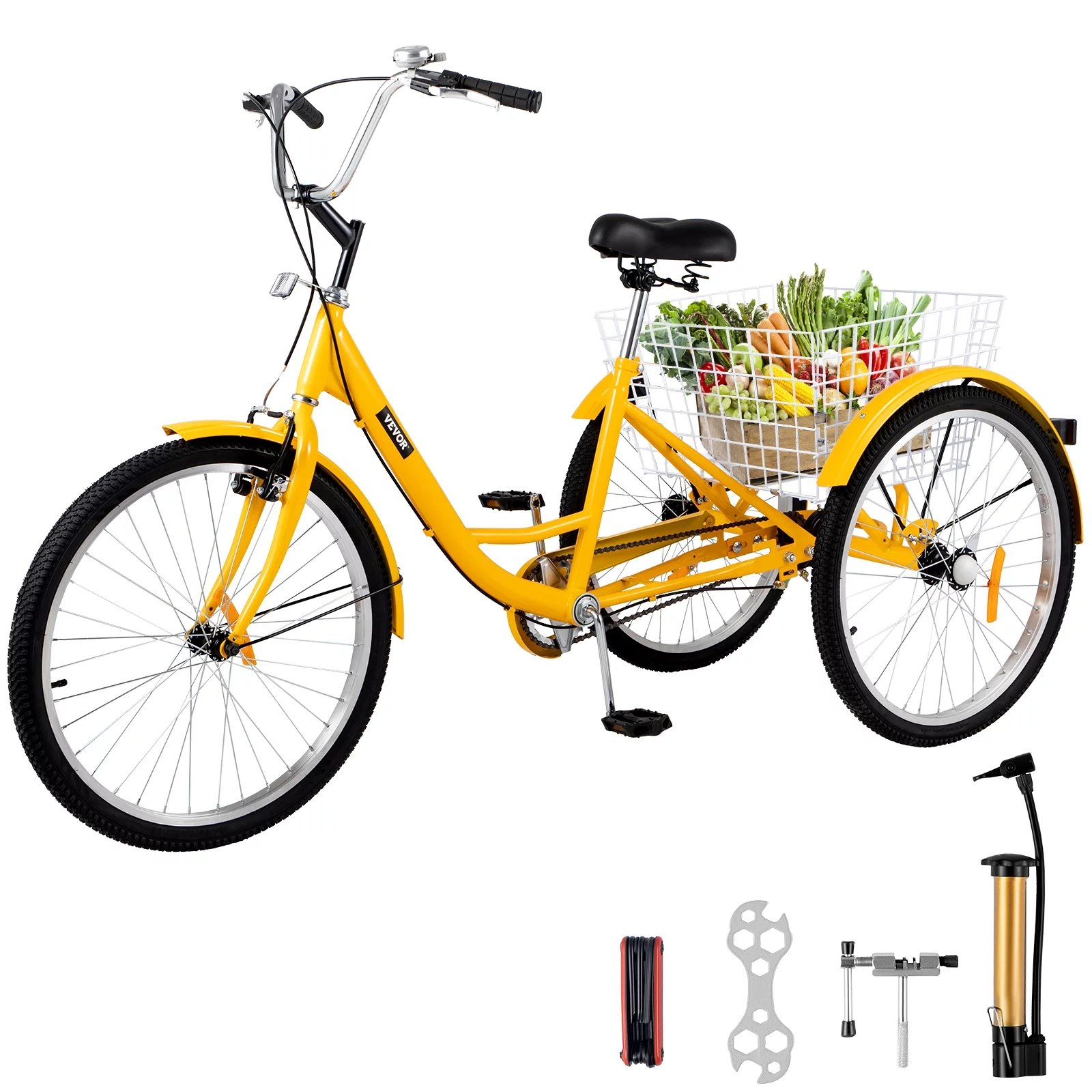 VEVOR Adult Tricycle 24 inch, 1-Speed Three Wheel Bicycles for Adult with Bell Brake System & Cargo Basket , Yellow
