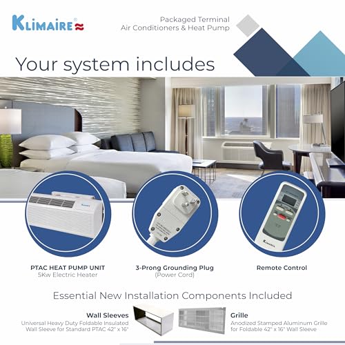 KLIMAIRE PTHP Air Conditioner Heat Pump with Wall Sleeve, Aluminum Grille, Remote Control, & Electric Heater