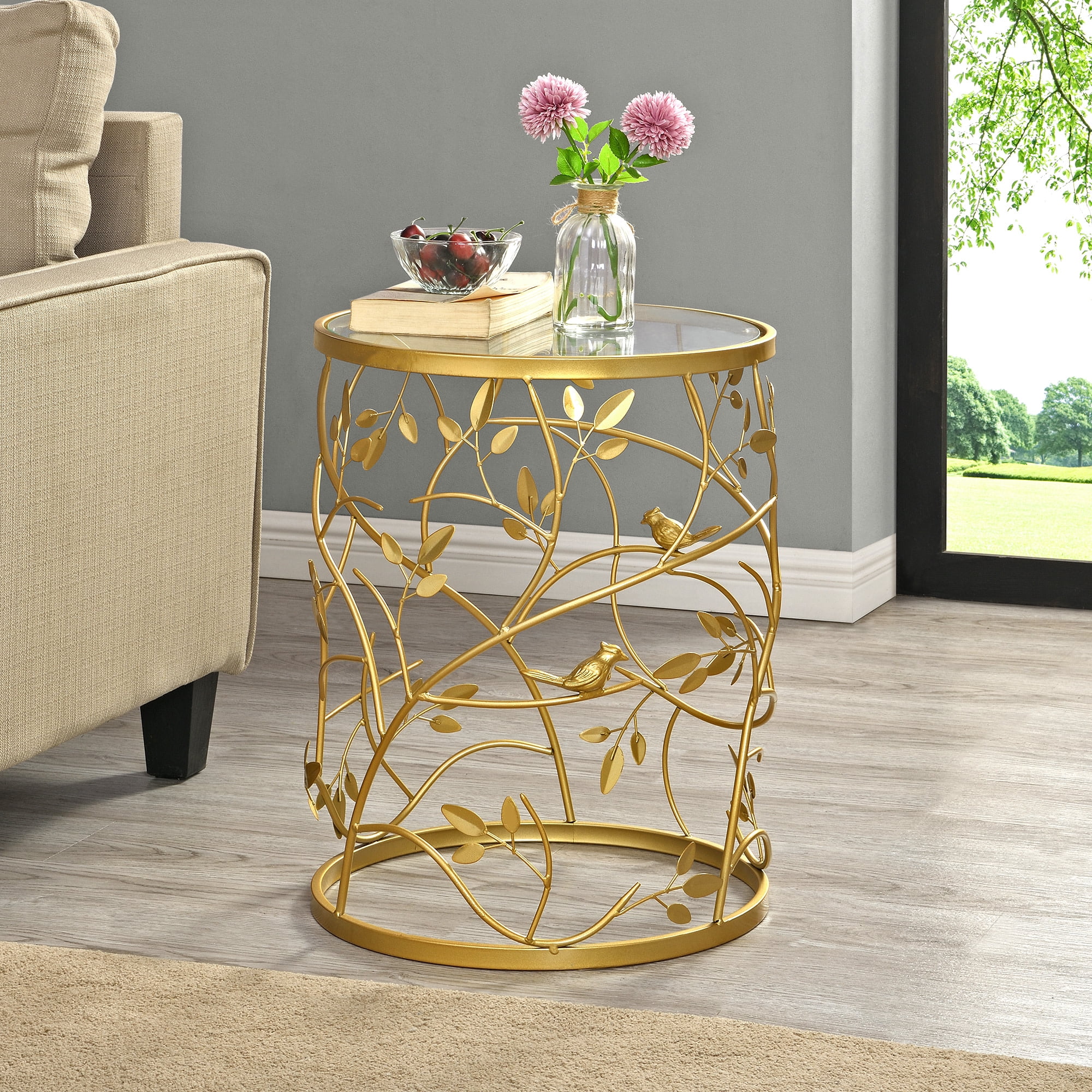 FirsTime & Co. Gold Bird And Branches End Table, Farmhouse, Painted, Round, Metal, 16.5 x 16.5 x 22 in