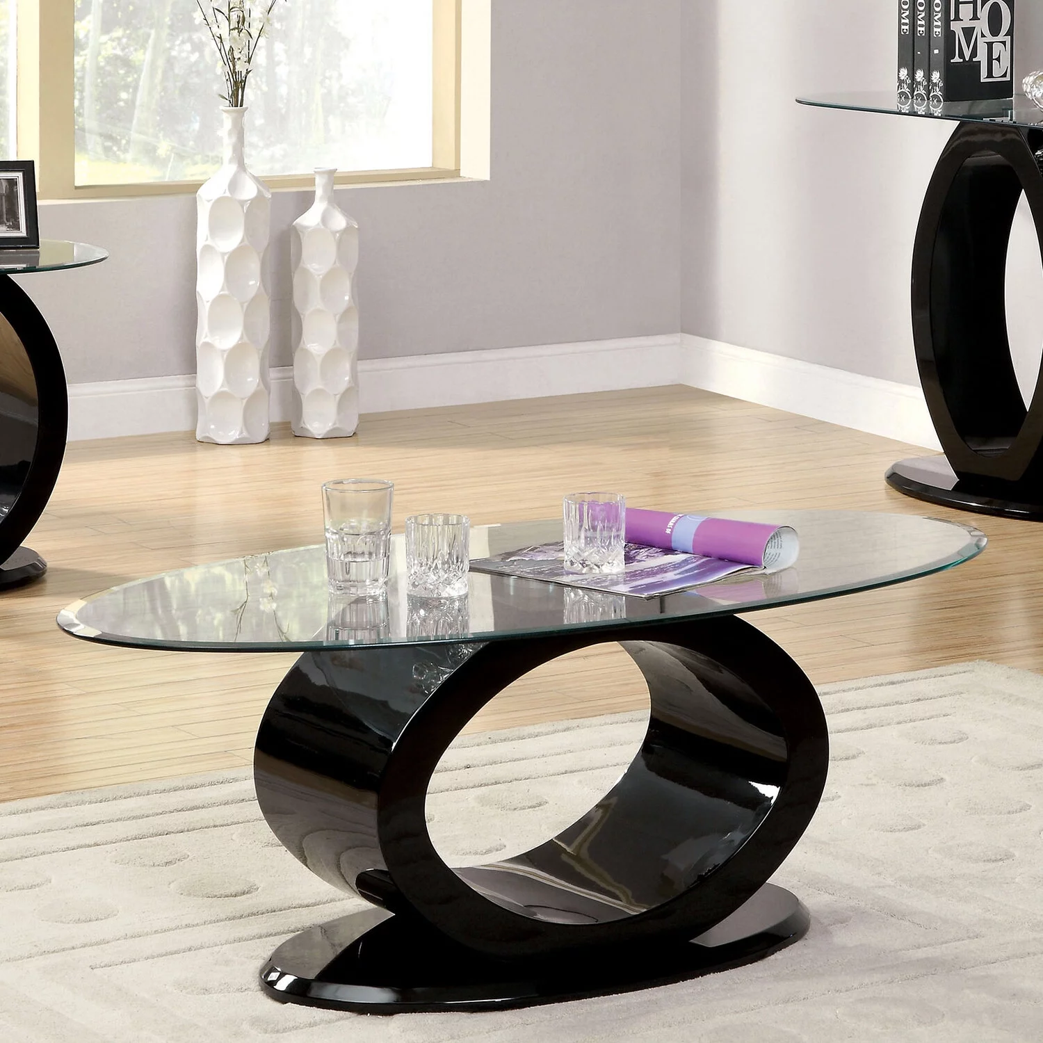 Benjara Contemporary Tempered Glass Top Coffee Table with O Shape Base, Black