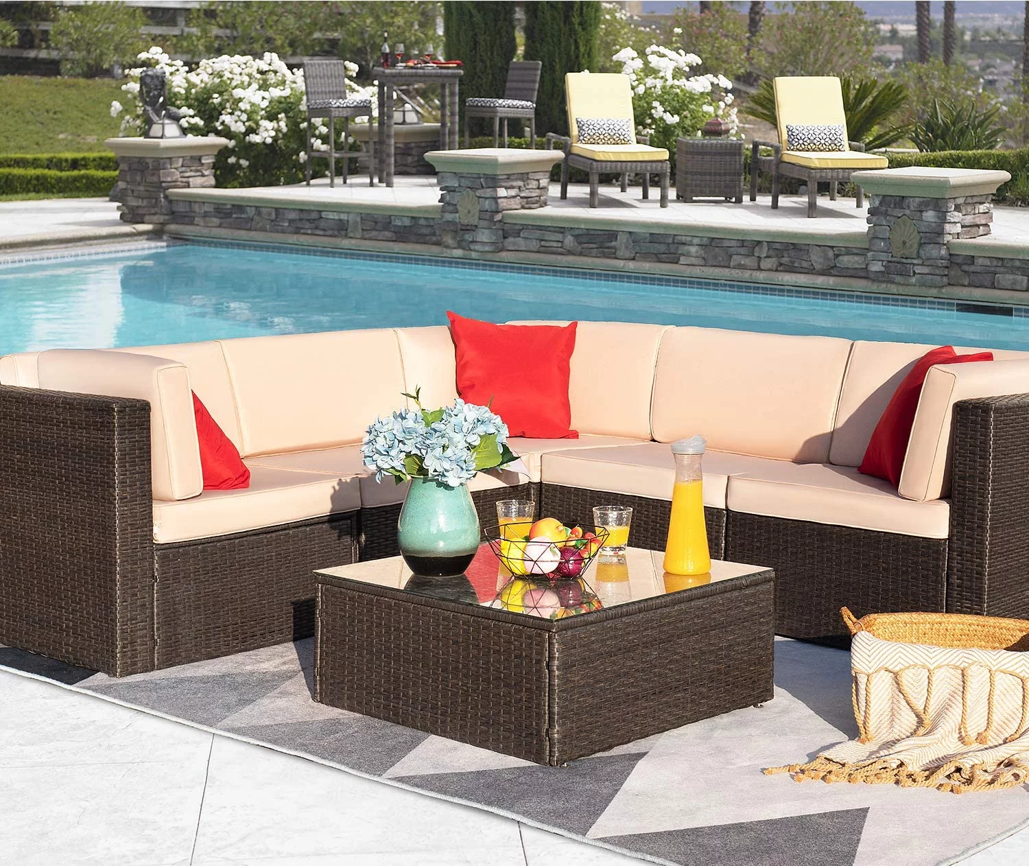 Lacoo 6 Pieces Patio Sectional Sofa All Weather PE Rattan Manual Wicker Conversation Sets with Washable Cushions and Glass Table (Brown)