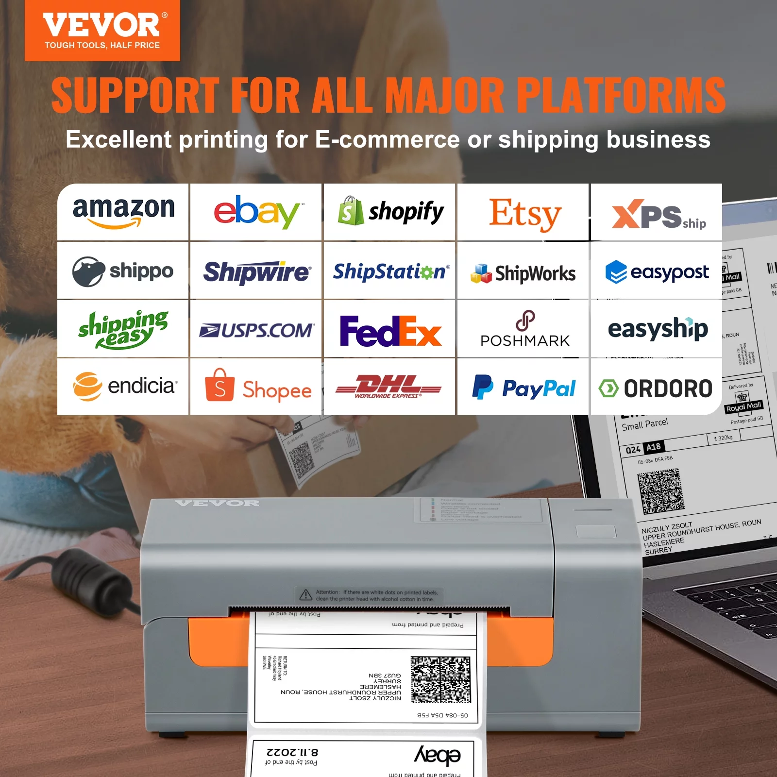 VEVOR Thermal Label Printer, 203DPI 60pcs/min for 4x6 Mailing Packages, USB Connection & Automatic Label Recognition, Support Windows/MacOS/Linux, Compatible with Amazon, eBay, Etsy, UPS,etc, Gray