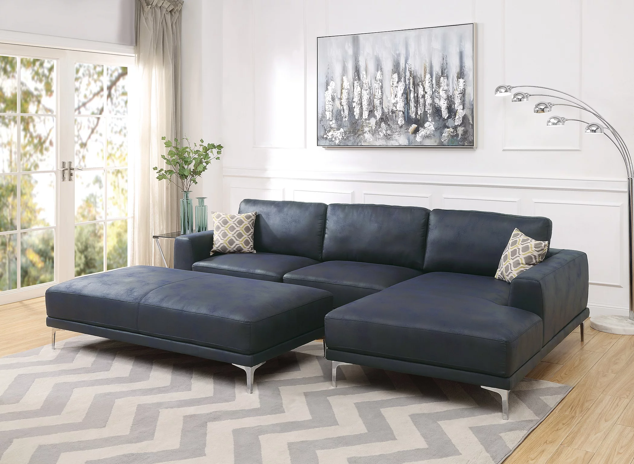 Leather Gel / Leatherette 2pc Sectional set Cushion LAF Sofa RAF Chaise Couch Pillows Living Room Navy Blue