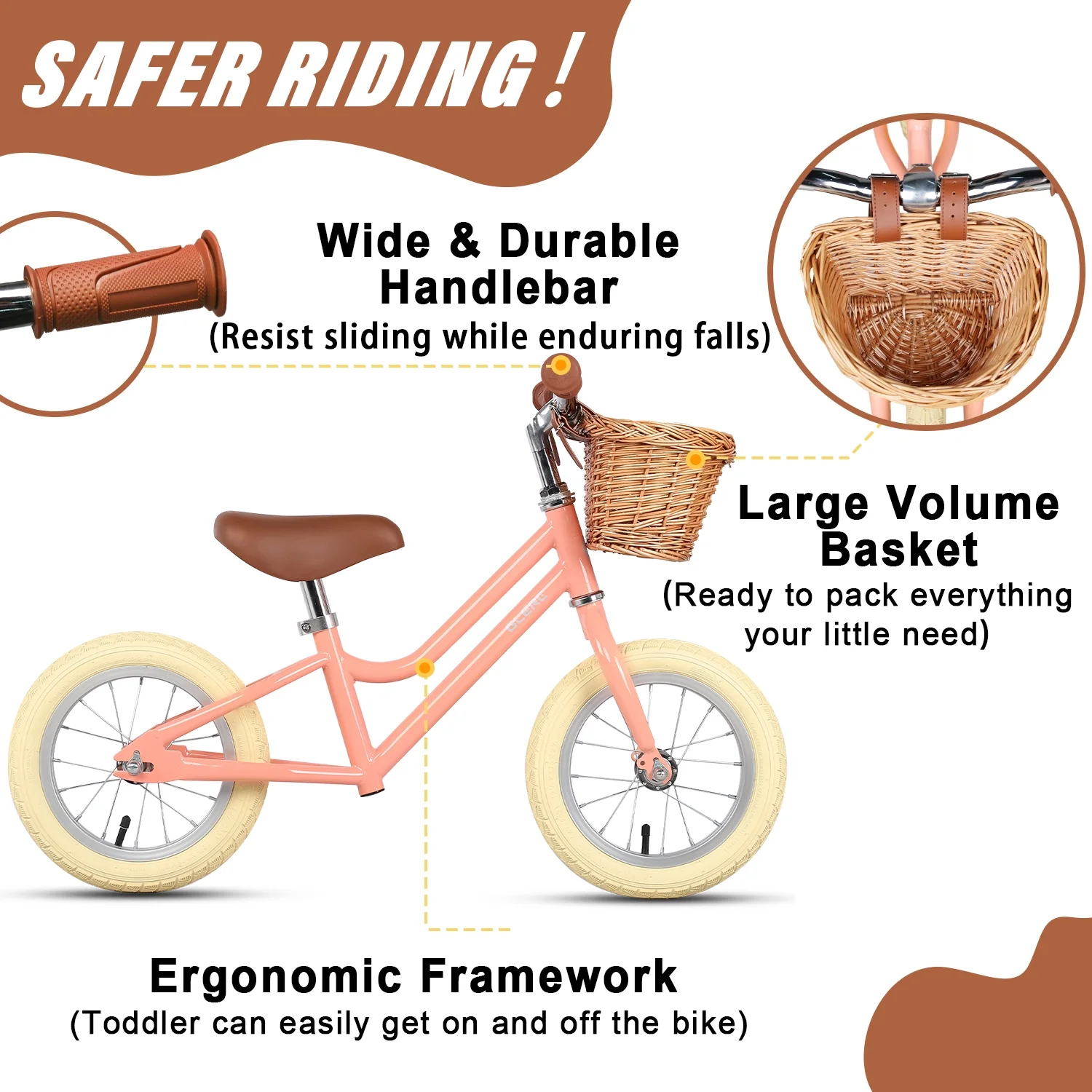 Glerc 12 inch Kids Balance Bike with Basket for 2-6 Years Old Children, Peach