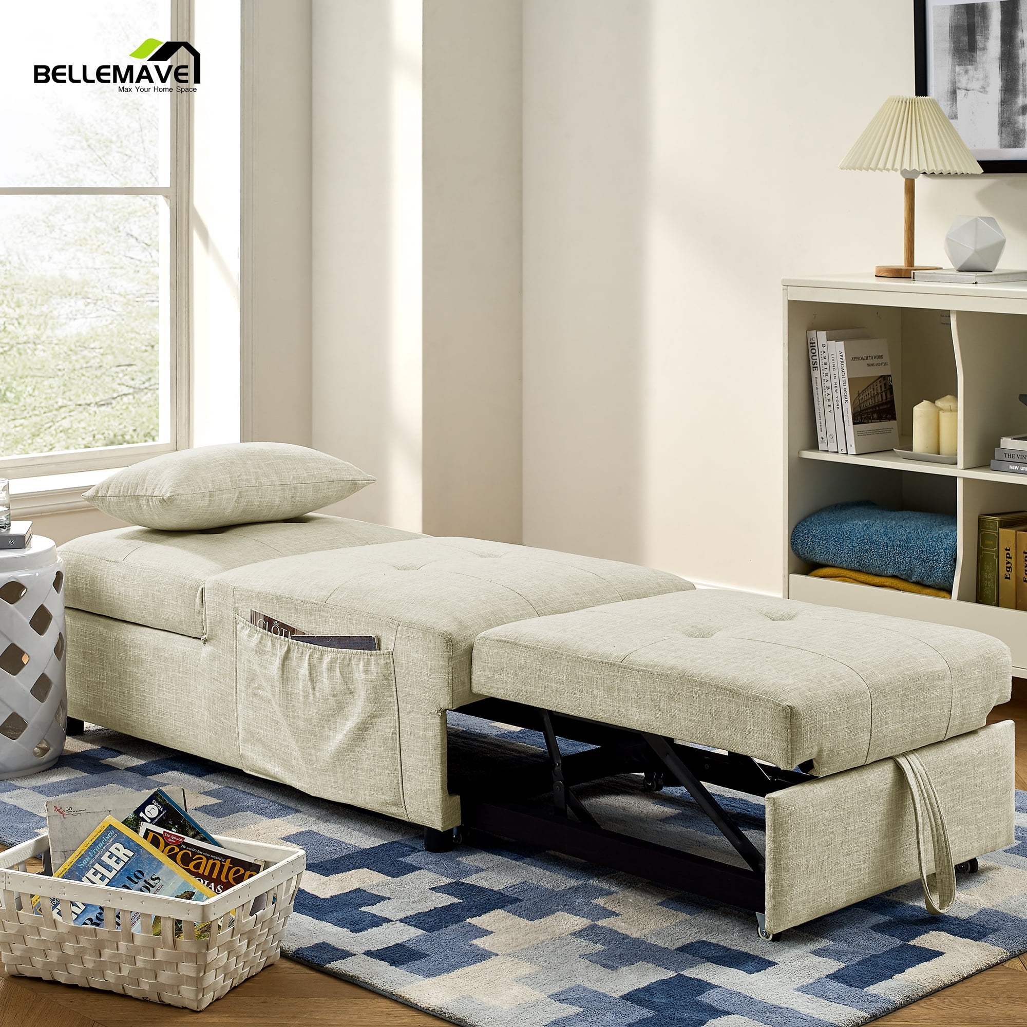 Bellemave 4 in 1 Folding Sofa Bed,&nbsp;Chaise Lounge Indoor with 1 Pillow and Side Pocket, Convertible Ottoman for Small Space Living , 3 Positions, (Beige)