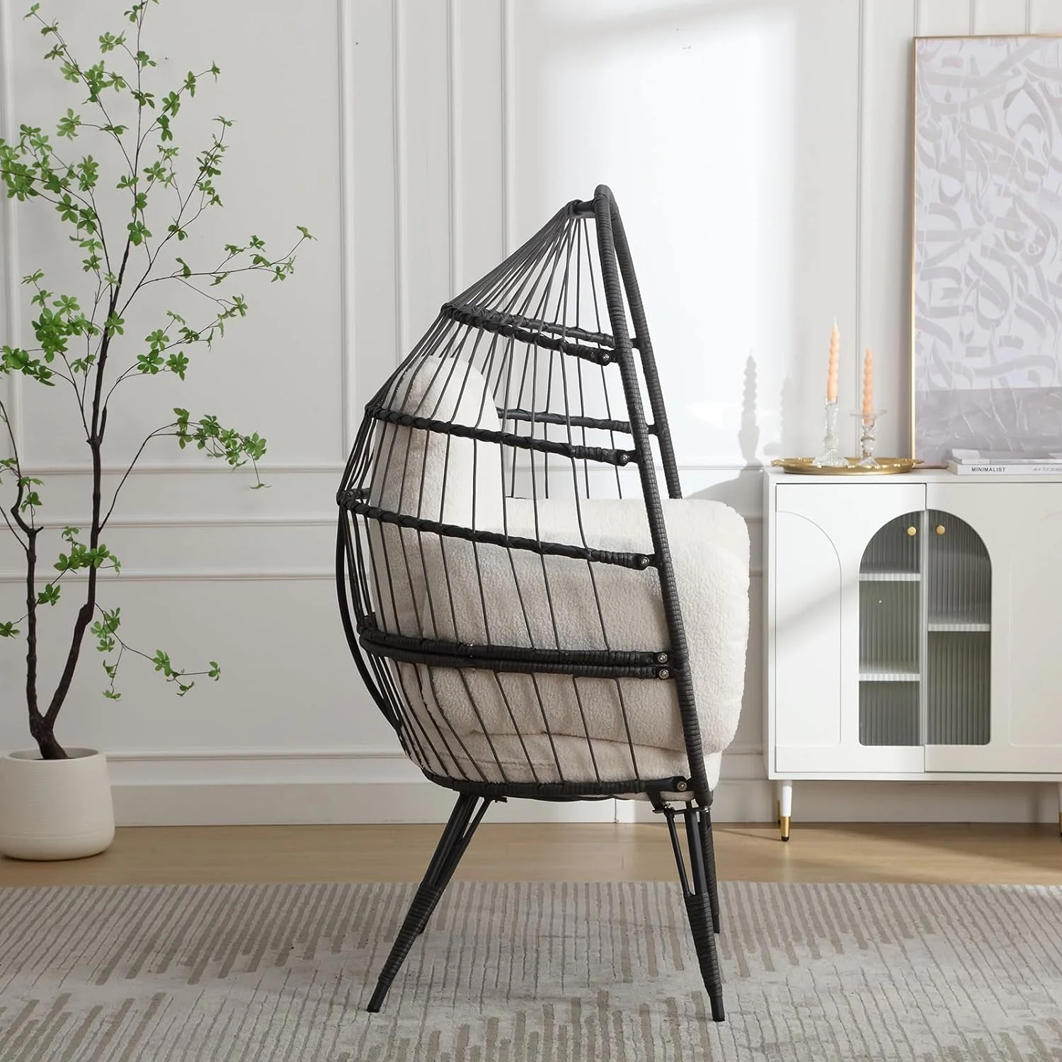 Wicker Egg Chairs Outdoor Set of 2, Oversized Rattan Chairs Indoor with Solid Stand, Comfy Patio Basket Chairs with Soft Cushions, Modern Lounge Chairs with a Cute Toy for Patio, Balcony, White