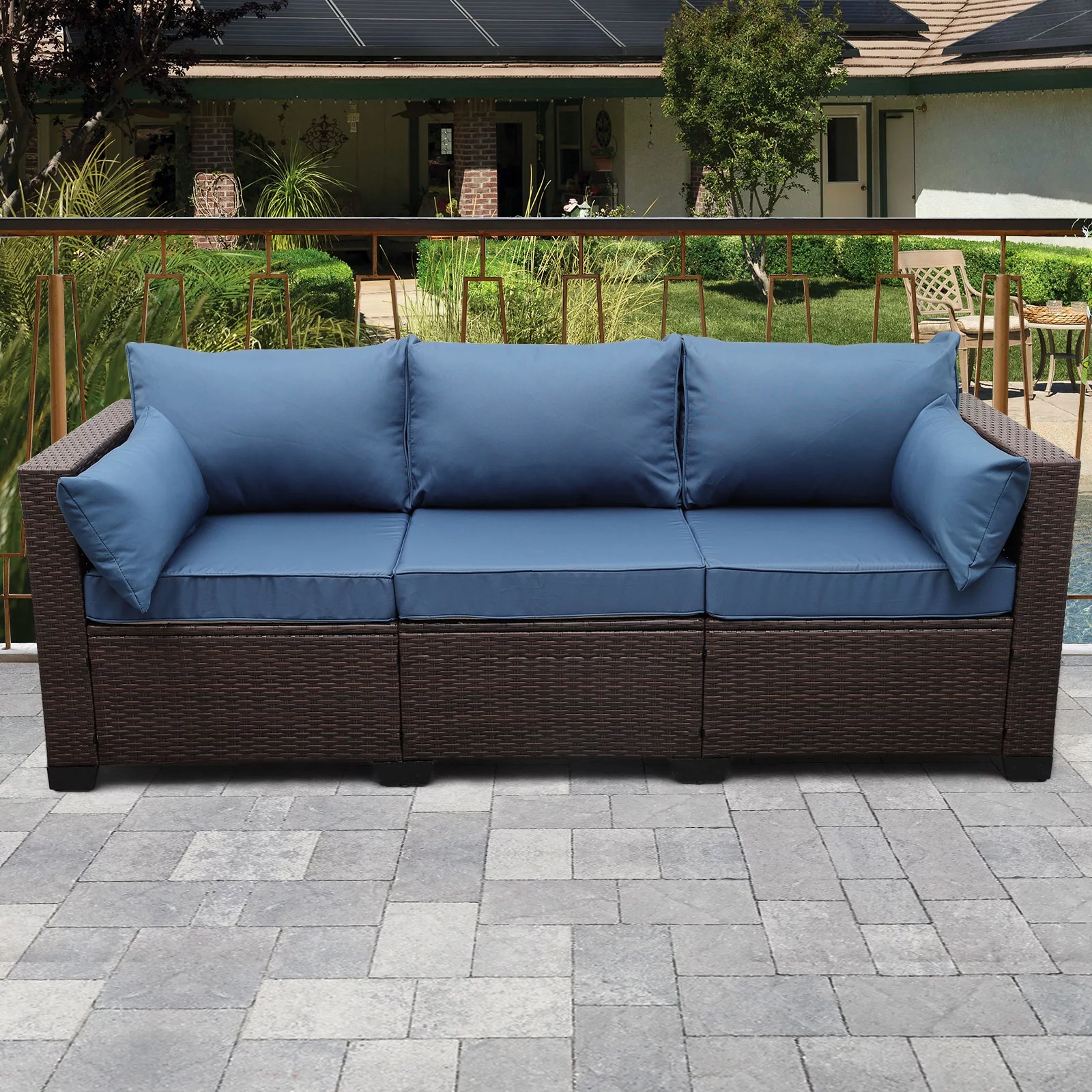 3-Seat Patio Wicker Sofa Outdoor Rattan Couch Furniture Steel Frame with High Back NO-Slip Cushioned, Blue