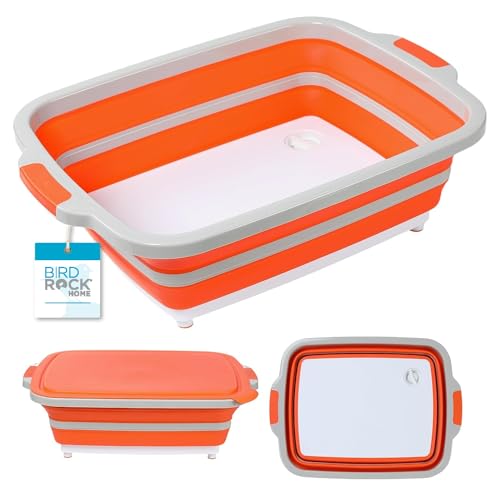 BIRDROCK HOME Large BBQ Collapsible Food Prep & Cutting Board and Grill Caddy Tub with Colander & Lid | Kitchen Veggie Washing Basket | Silicone Dish Bowl for Picnic, Tailgate, Camping