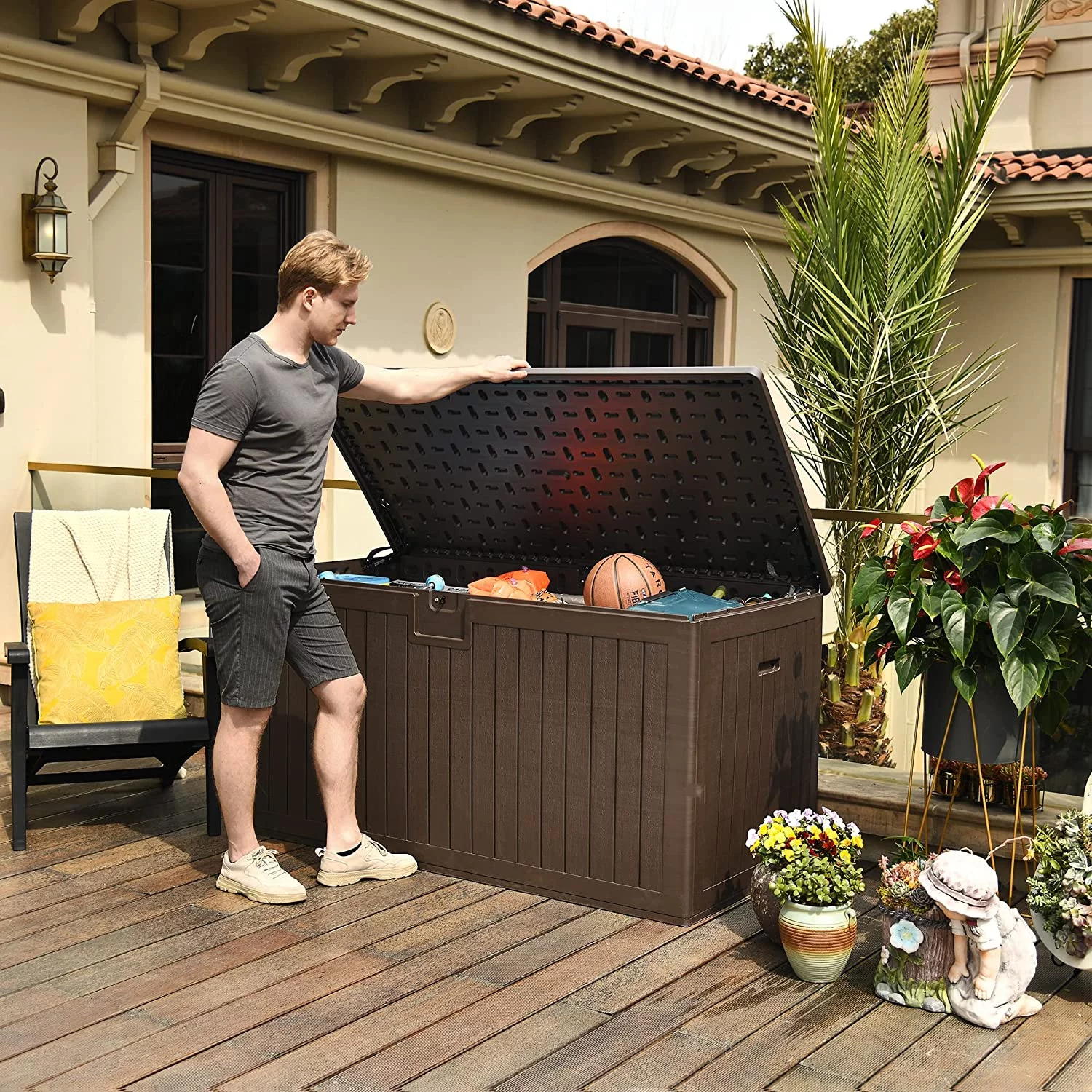 Dextrus XL 150 Gallon Large Deck Box, Outdoor Storage for Patio Furniture Cushions, Garden Tools and Pool Toys with Flexible Divider, Waterproof, Lockable (Brown)