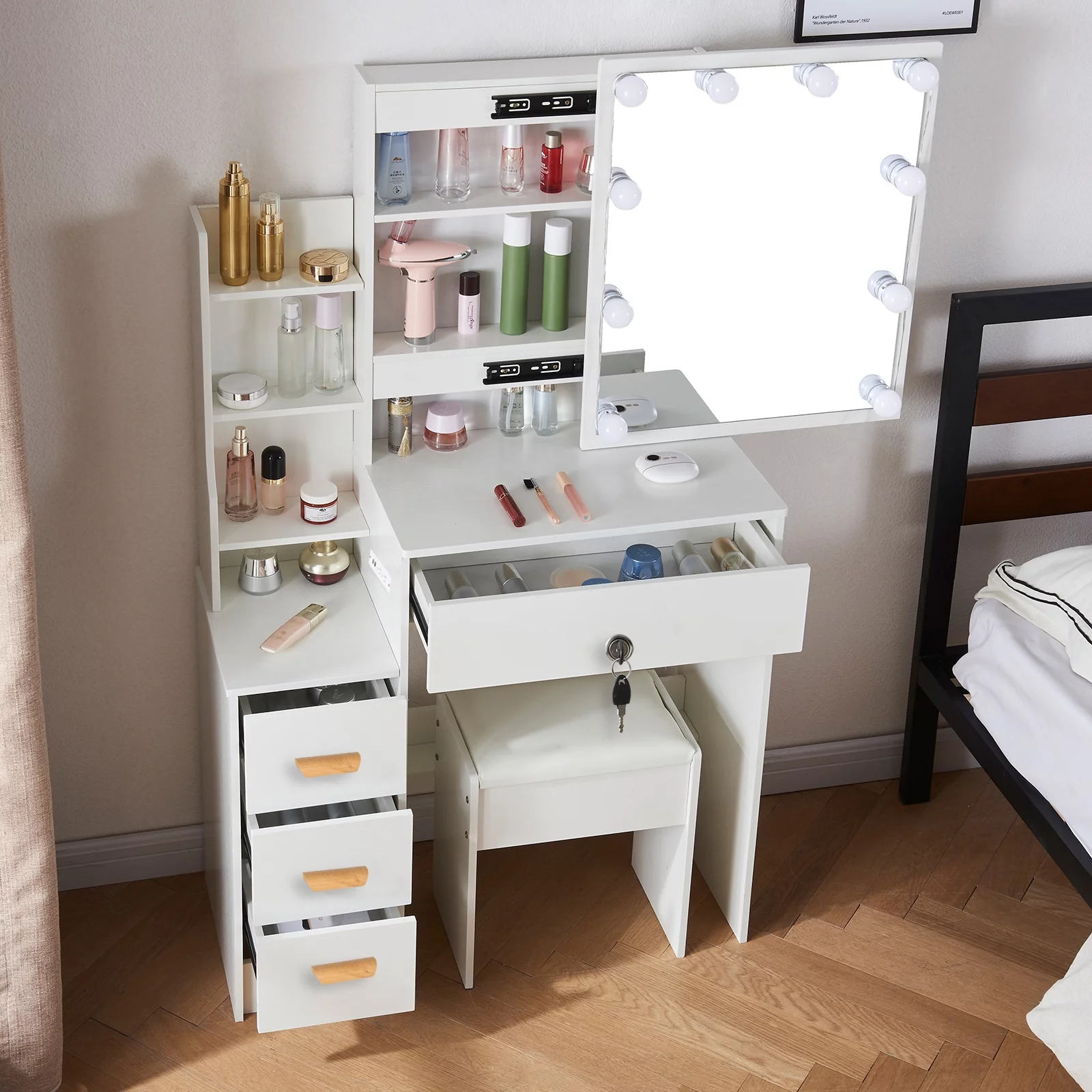 Yamissi Vanity Desk with Mirror and Lights W/ USB Charging Station Bedroom Makeup Table with Storage Shelves & Drawers, White