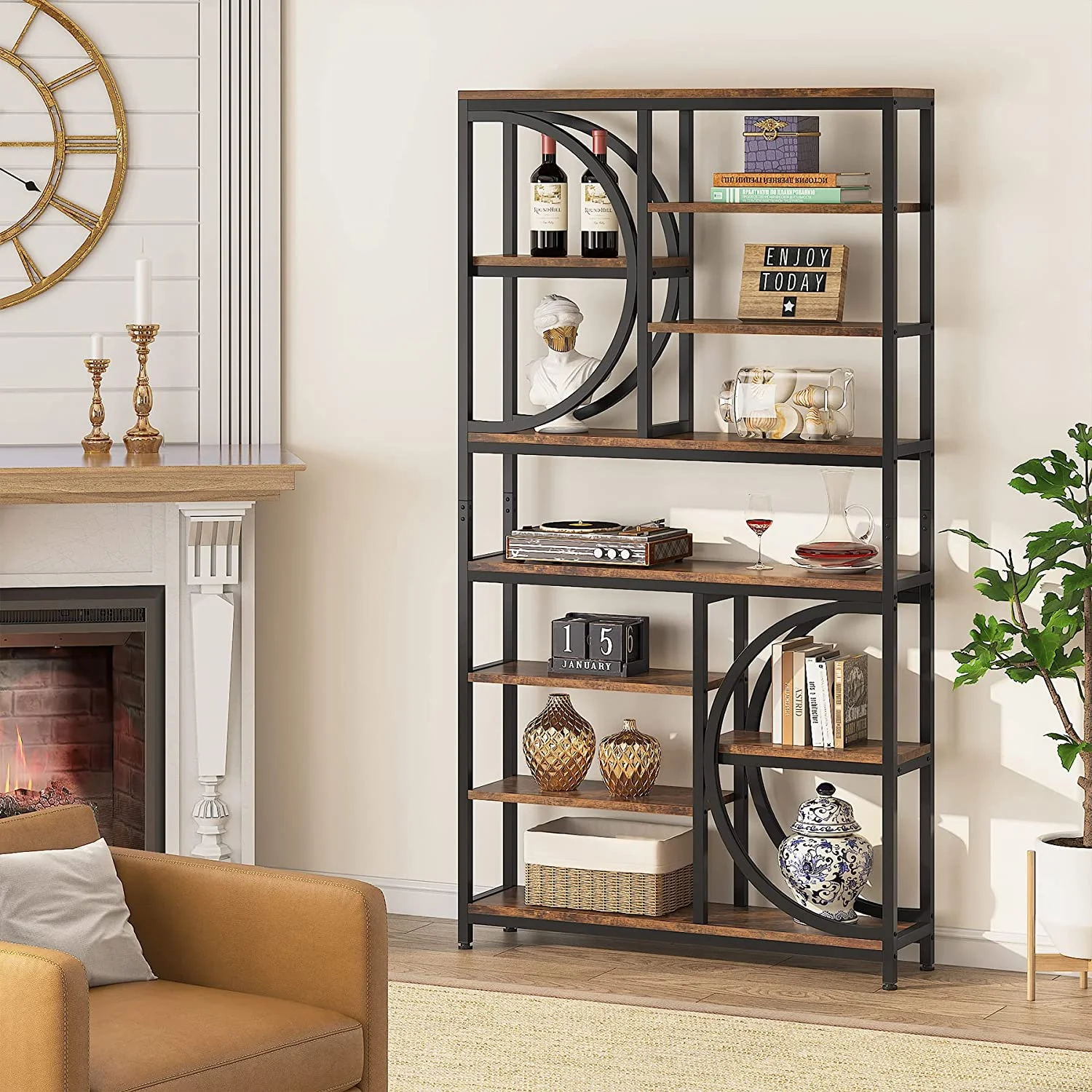 Tribesigns Bookshelf, Industrial 8-Tier Etagere Bookcases, Rustic Tall Book Shelf Open Display Shelves, Wood Look Accent Shelving Unit with Metal Frame for Home Office, Living Room, Bedroom