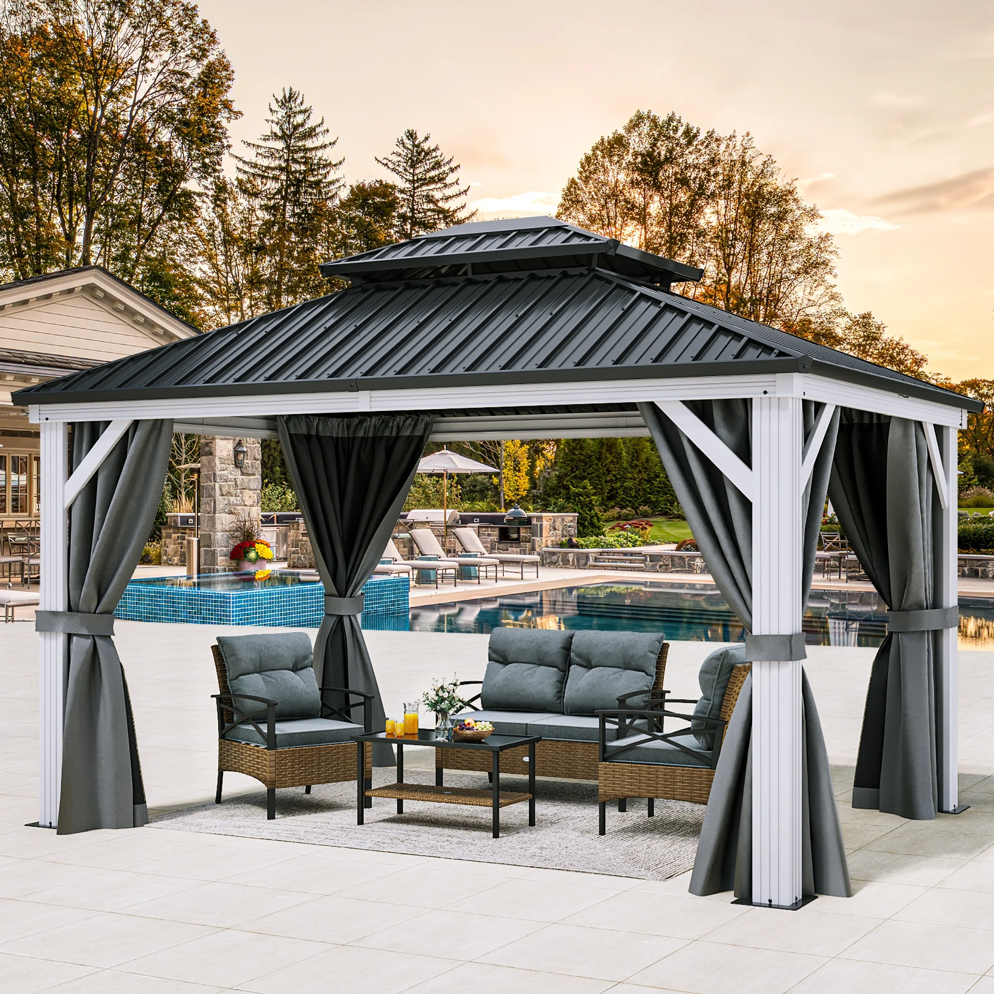Dextrus 10x12ft Double Roof Hardtop Gazebo with Netting&Curtains, Double Galvanized Iron Aluminum Frame Outdoor White Gazebo,Ideal for Patio, Backyard,Deck and Lawns,Grey Curtain