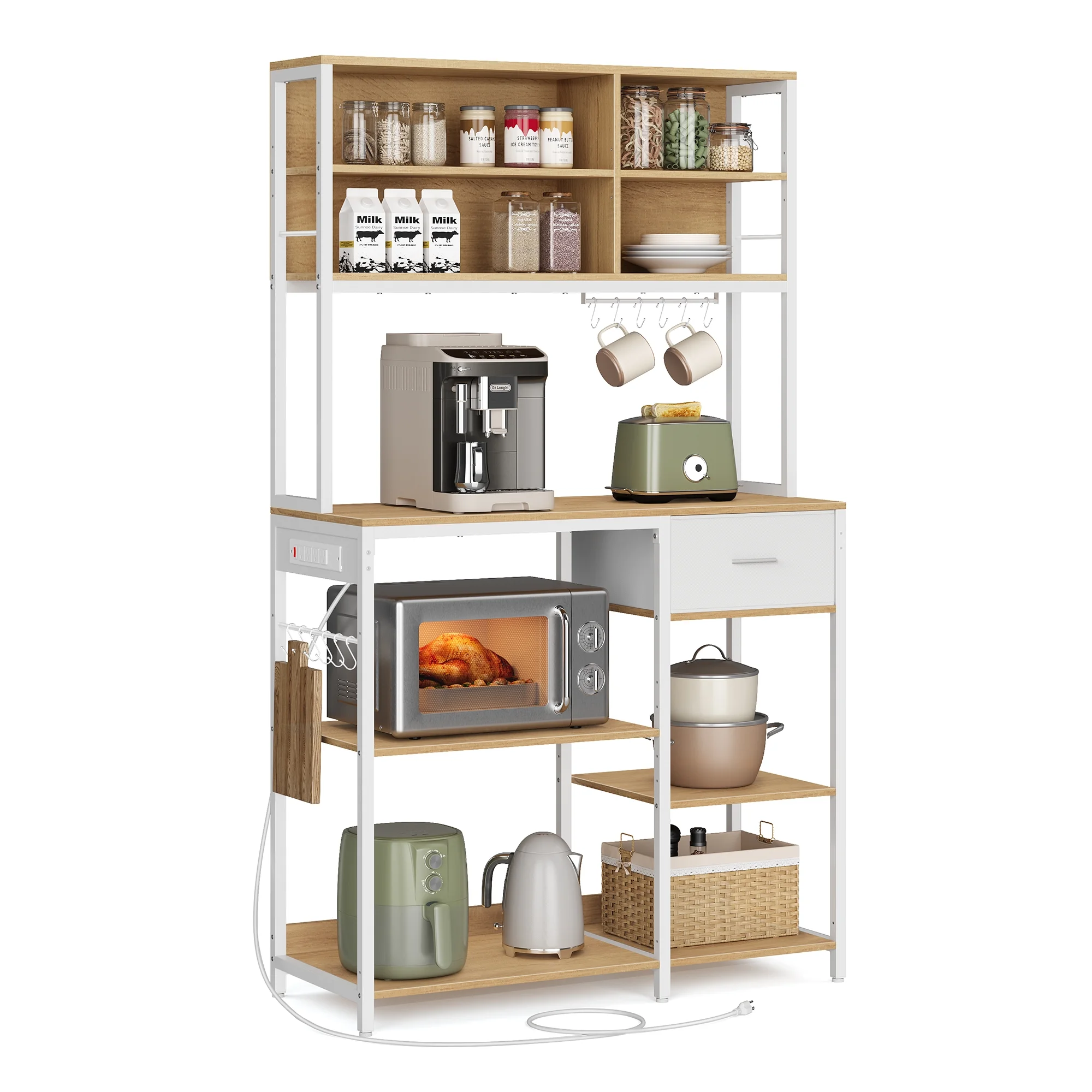 VASAGLE Bakers Rack with Charging Station, Coffee Bar Stand, Table for Microwave, Kitchen, Gold Oak and Cloud White