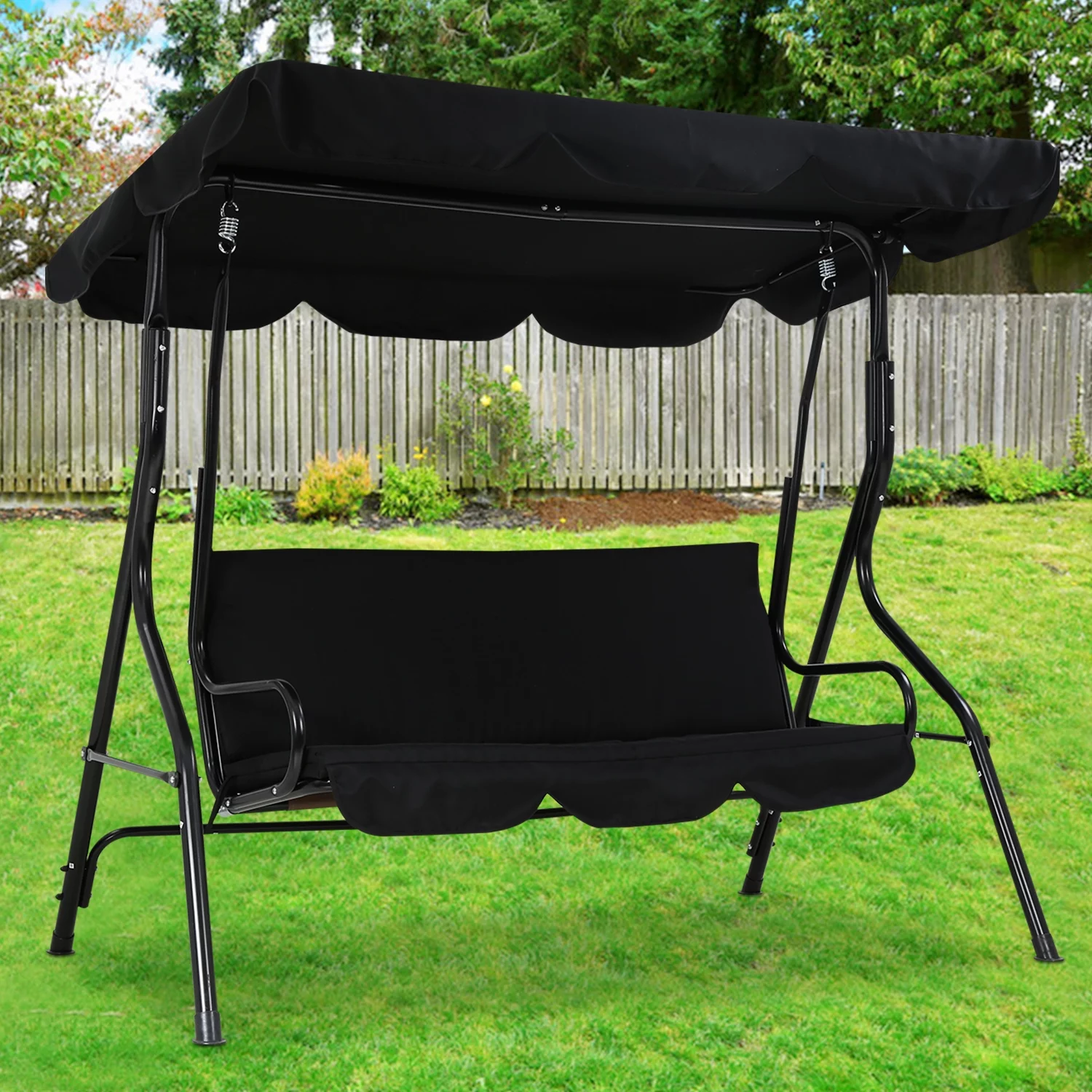 YRLLENSDAN Outdoor Swing Patio Swing with Canopy Backyard Outdoor Swing Chair with Removable Cushions Adjustable Tilt Canopy Comfortable Armrests Stable Frame for Patio Outdoor Garden Backyard (Black)