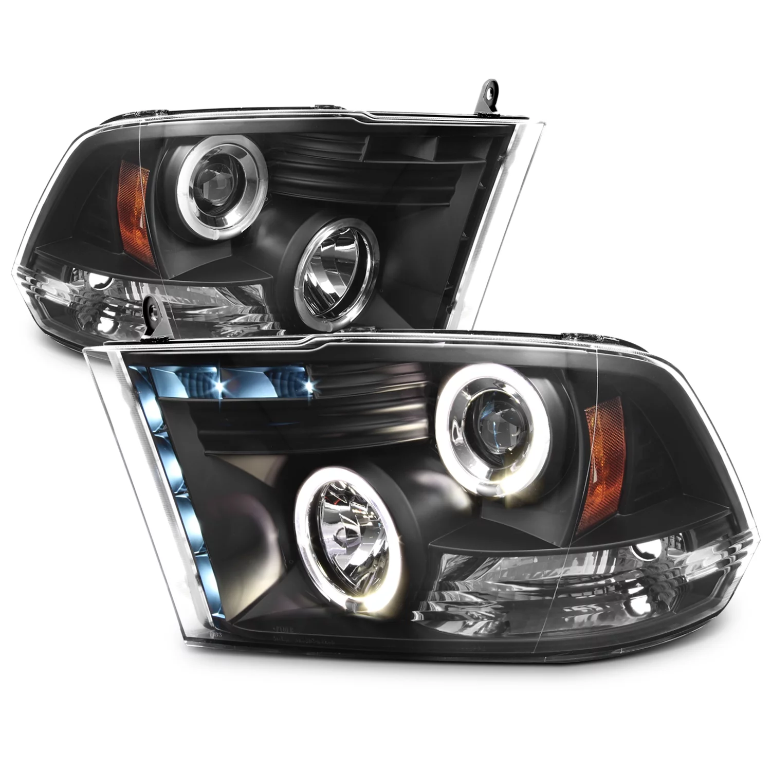 AKKON - For 2009-2018 Dodge Ram Dual Halo LED DRL Projector Black Housing Headlights + LED Smoke Lens Tail Lights