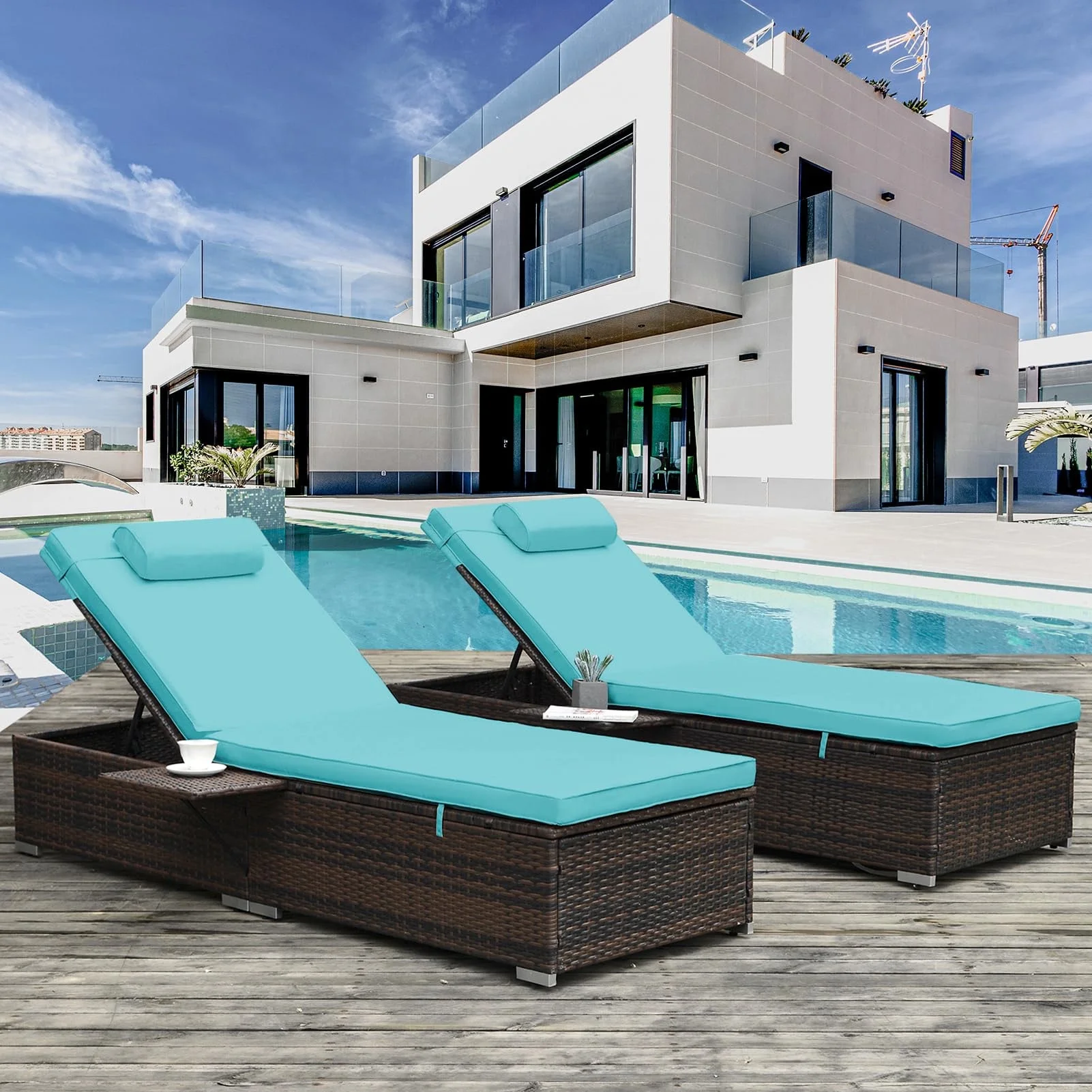 Outdoor Chaise Lounge Set of 2,Rattan Wicker Chaise Lounge with Adjustable Backrest and Removable Cushions,Patio Furniture Set for Garden Pool Backyard Deck