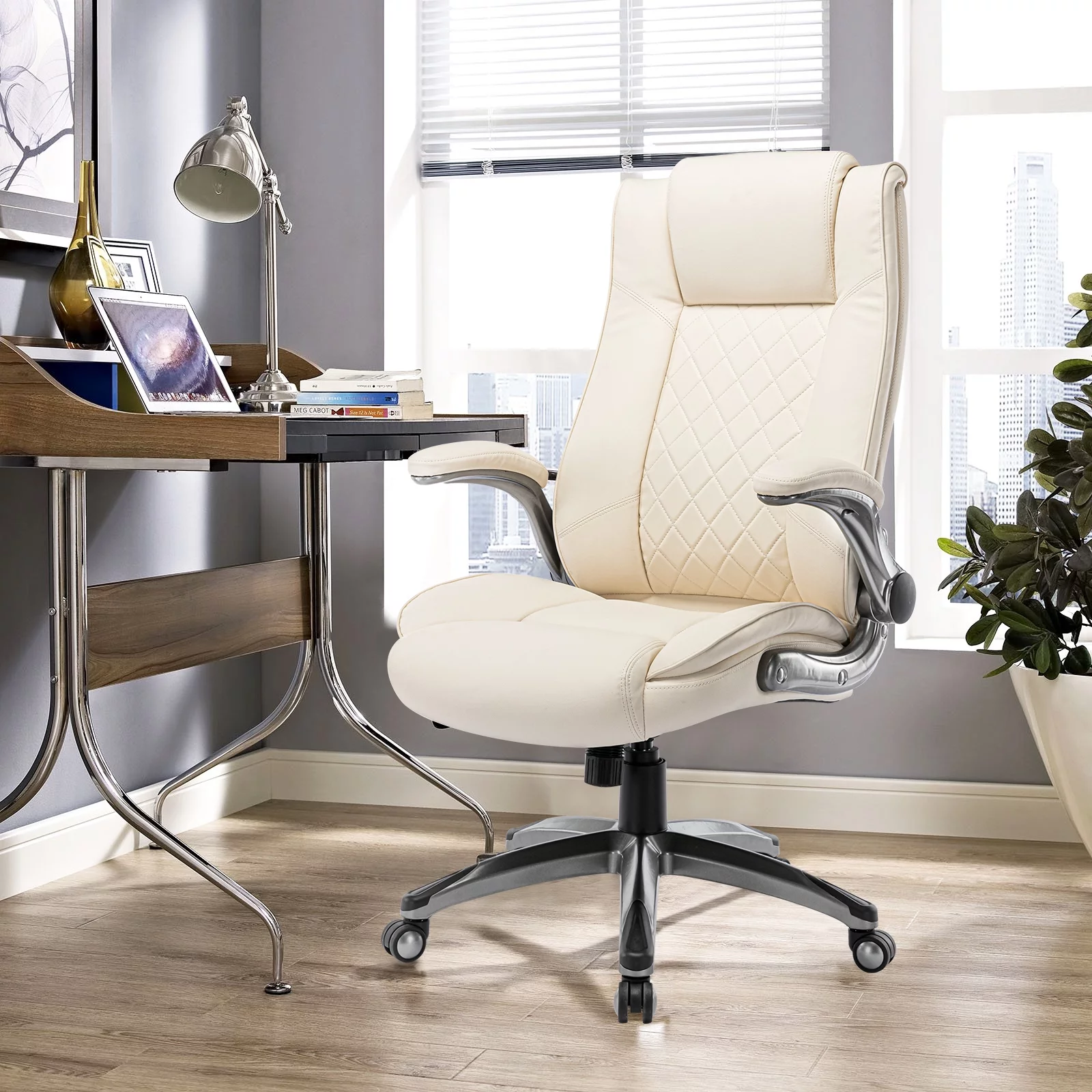 Colamy High Back Leather Executive White Office Desk Chair Flip-up Arms and Adjustable Tension Swivel Chair for Adult