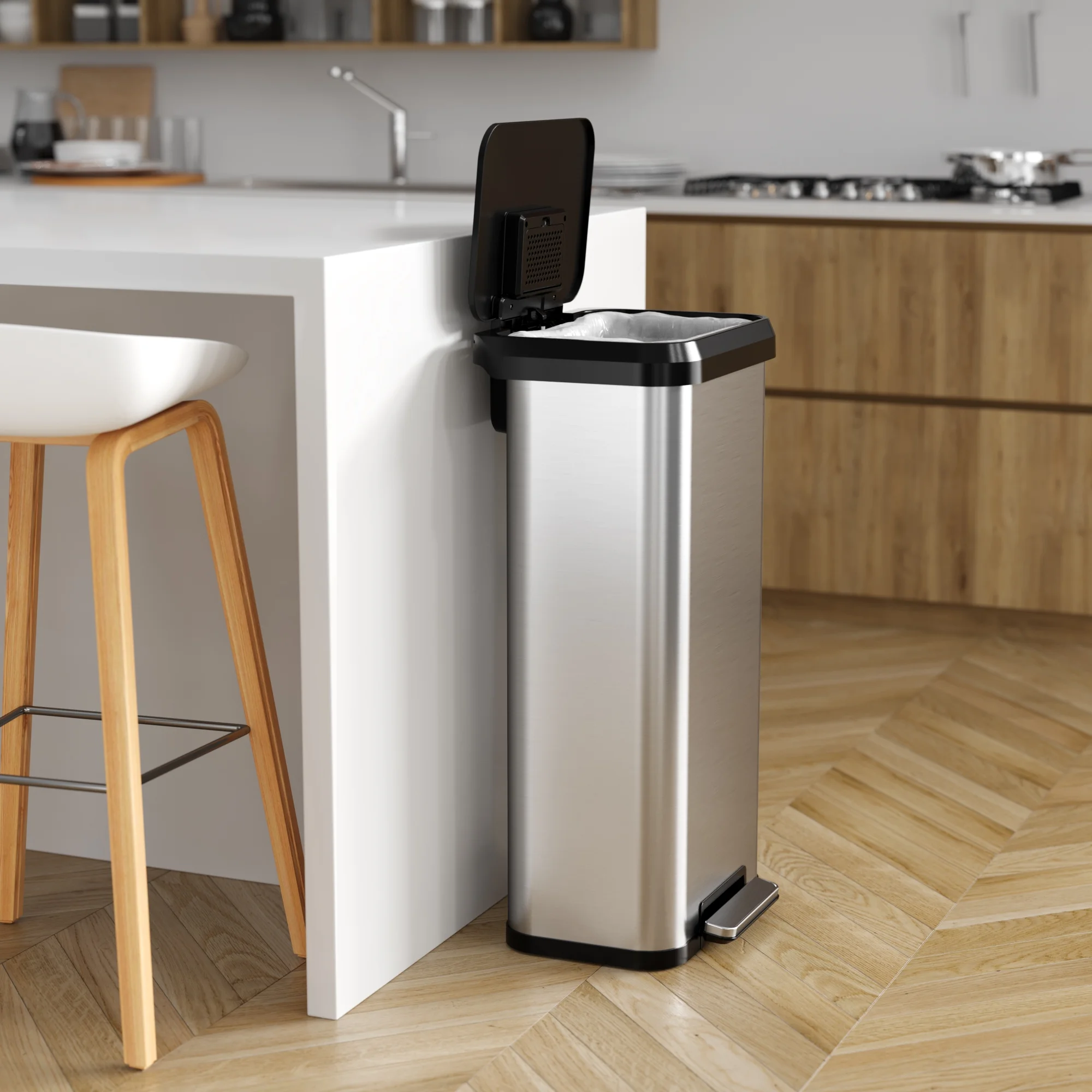 iTouchless SoftStep EXP 20 Gallon Step Pedal Trash Can with AbsorbX Odor Filter, Stainless Steel with Durable Plastic Lid, 75 Liter Garbage Bin for Kitchen, Home, Office, Business