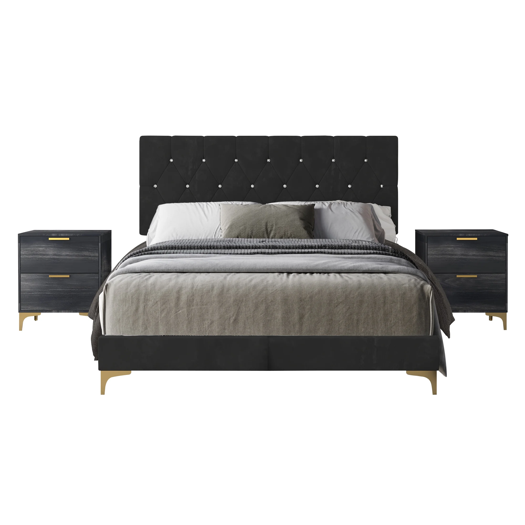 Castle Place Luxurious Crystal Velvet Upholstered Queen Bed With 2 Nightstands, Black