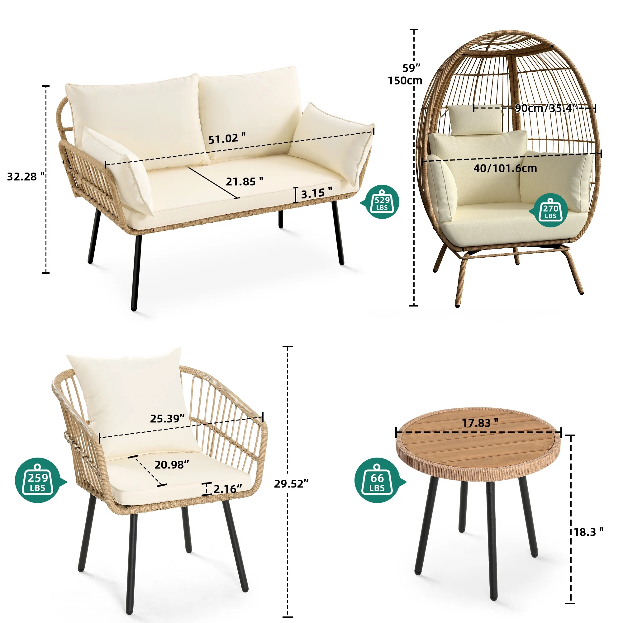 DWVO Boho Patio Furniture Outdoor Bistro Set,Sectional Sofa Conversation Sets - Wicker Loveseat Sofa Chairs,Egg Chair with Soft Cushions - Beige