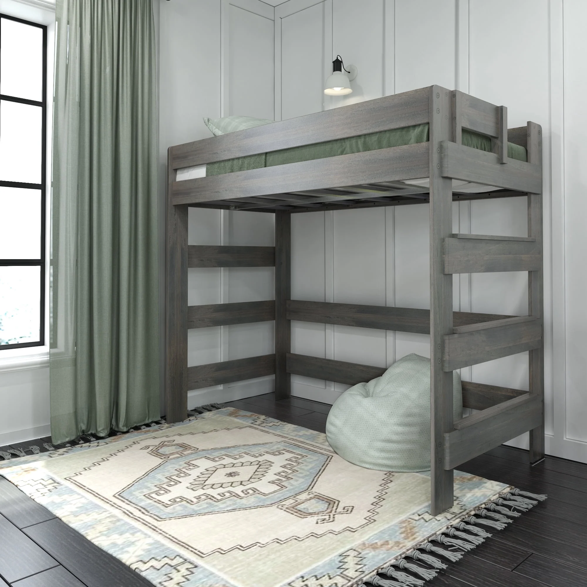 Max & Lily Modern Farmhouse High Loft Bed, Solid Wood Twin Loft Bed Frame for Kids, Driftwood