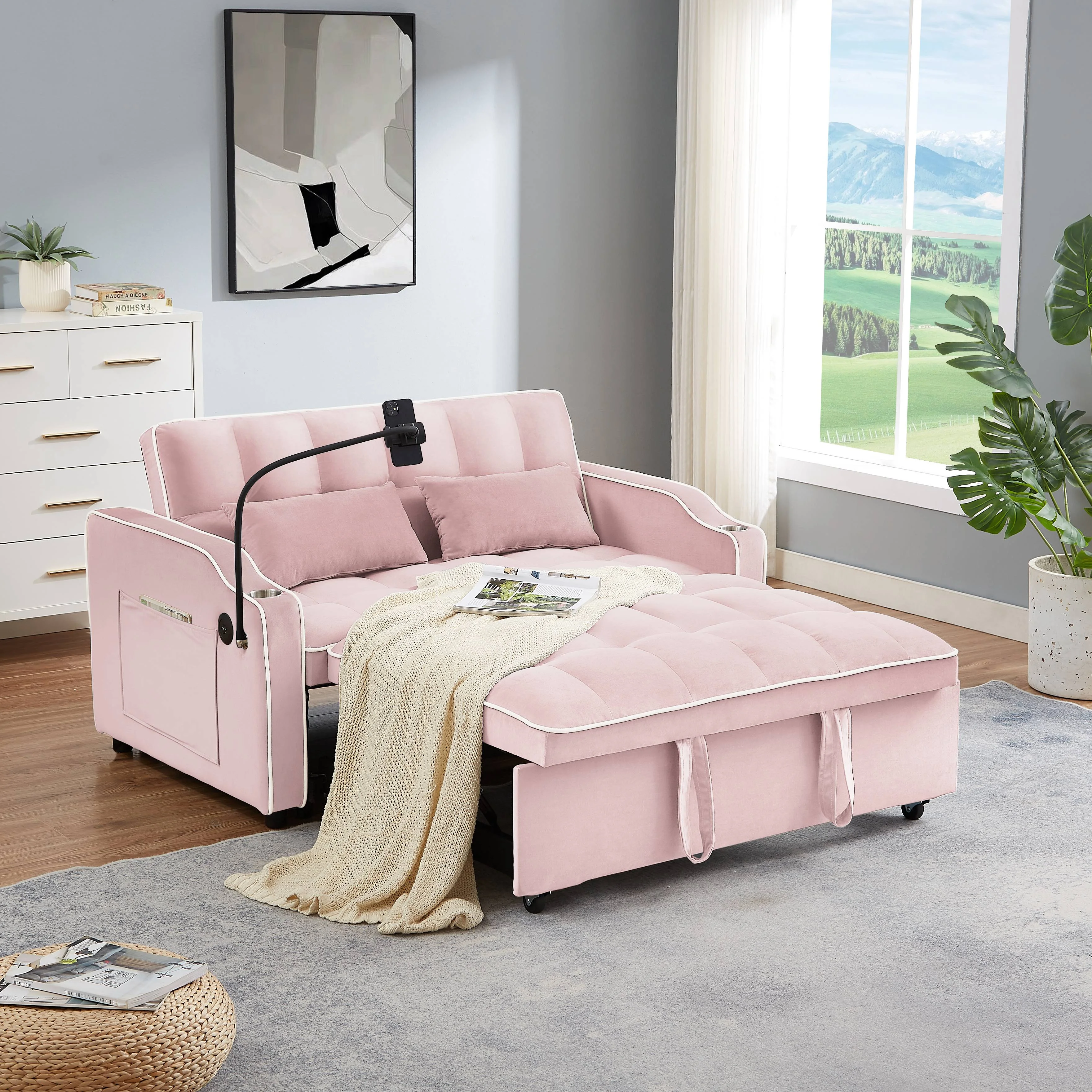 Sesslife Convertible Sleeper Sofa Chair Bed, Adjustable Sofa Bed with USB Port and Swivel Phone Stand, Multi-Functional Sleeper Sofa with Ashtray for Living Room, Apartment or Office(Pink)