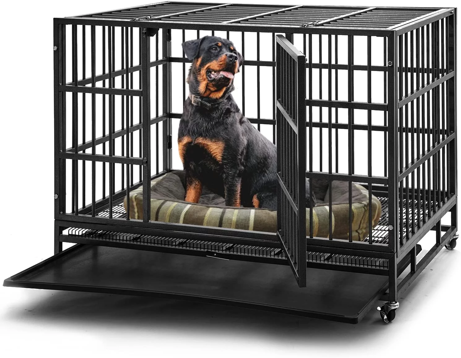 Aixvx 48 inch Heavy Duty Indestructible Dog Crate Steel Escape Proof, Indoor Double Door High Anxiety Cage, Kennel with Wheels, Removable Tray, Extra Large XL XXL