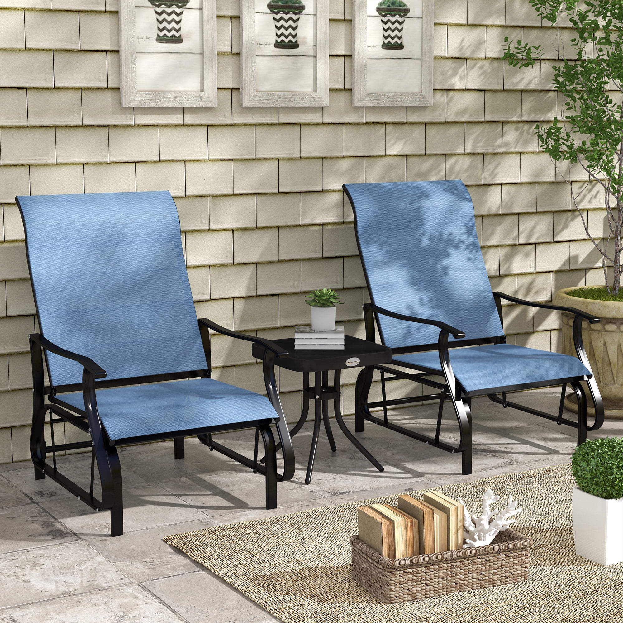 Outsunny 3-Piece Outdoor Gliders Set with Steel Frame, Table, Light Blue