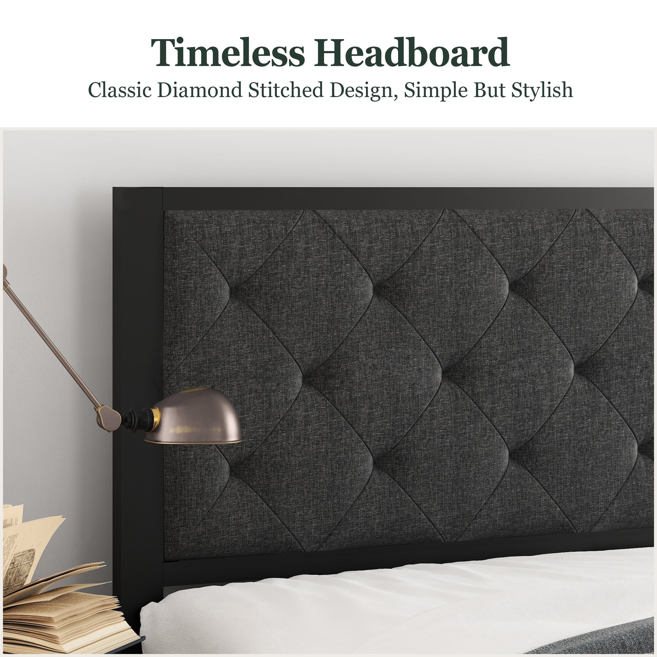 Amolife King Size Metal Bed Frame with Upholstered Headboard, Dark Grey