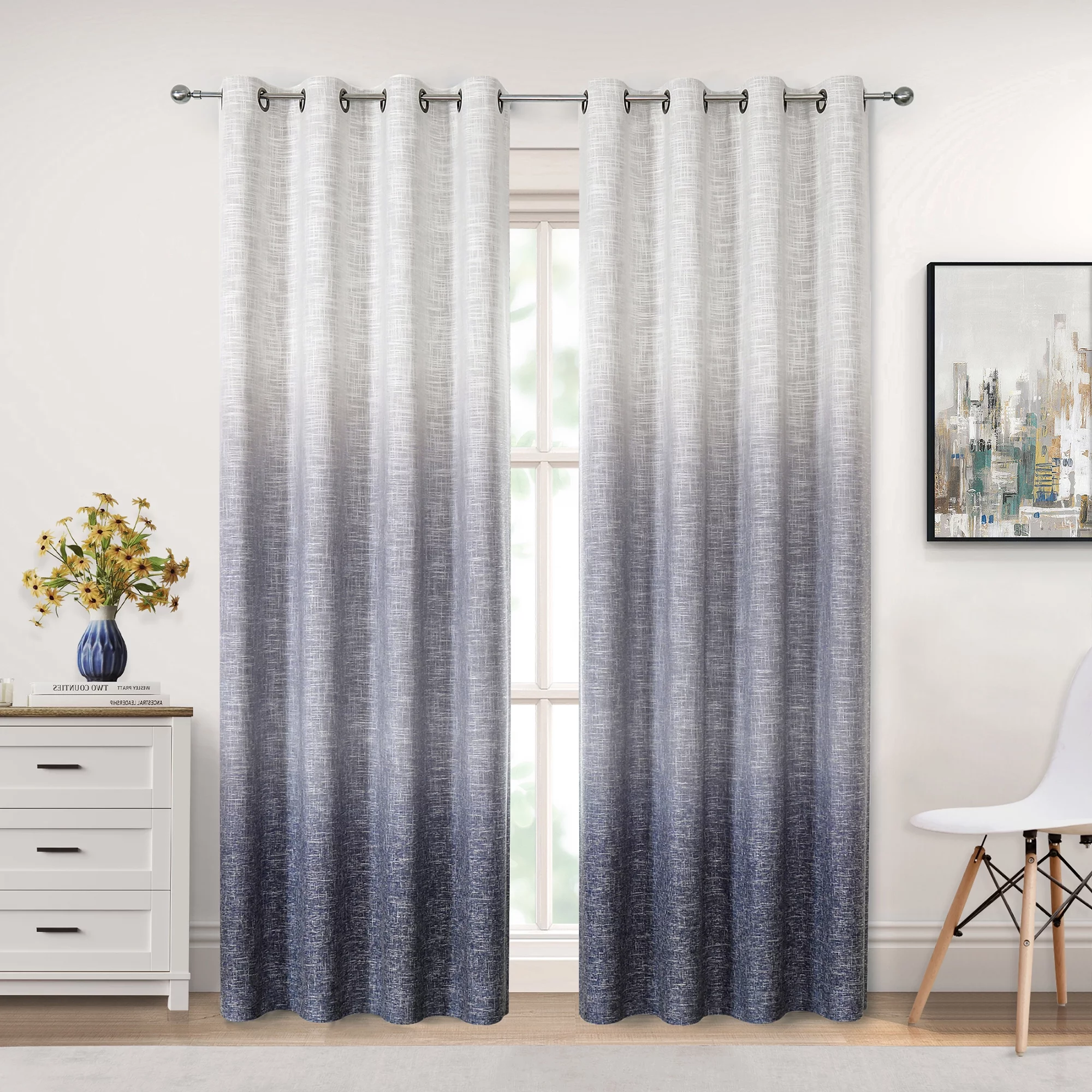 Uptown Home Indigo Blue White Ombre Full Blackout Window Curtain Panels Linen Texture Greyish Gray Liner Gradient Grommet Drapes for Bedroom Living Room, 50