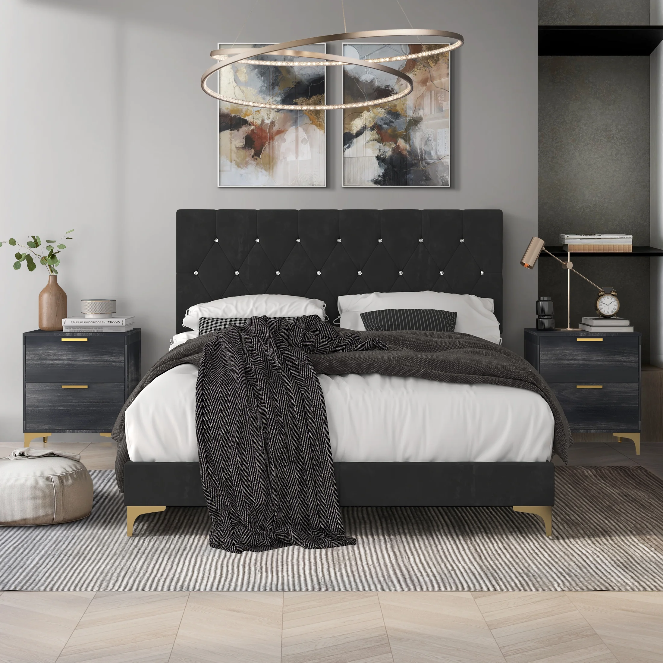Castle Place Luxurious Crystal Velvet Upholstered Queen Bed With 2 Nightstands, Black