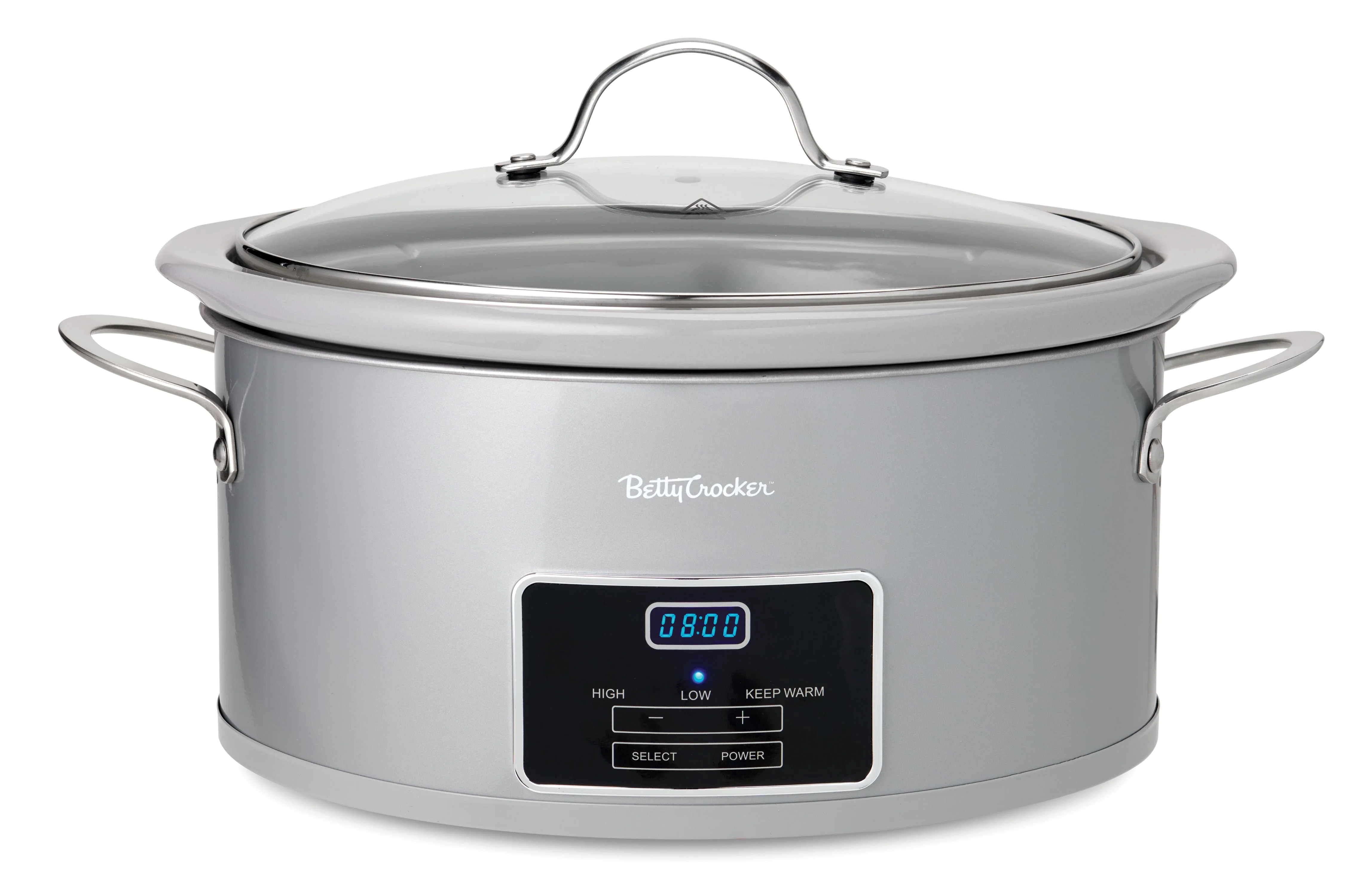 Betty Crocker 6-Quart Oval Digital Slow Cooker, Programmable Crock Pot Up to 20 Hours, Electric Cooking Pot with LCD Digital Display, Removable Stoneware Crock Liner, Betty Crocker Cookbook,Silver