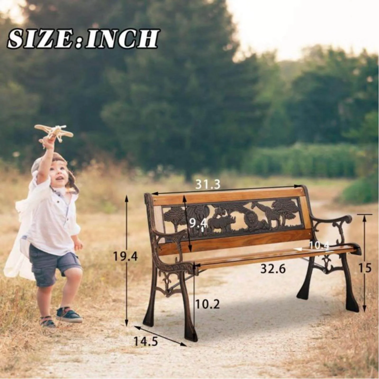 Outdoor Garden Bench Patio Bench for Kids, Small Park Bench with  Cast Iron Armrest  Metal Wood Bench for  Children, Bronze