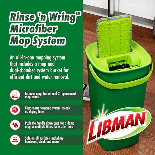 Libman Rinse 'n Wring Mop and Bucket System | Microfiber Floor Mop | Hardwood Floor Cleaner | Wet & Dry Mop | Clean & Dirty Water Chambers | Power Blades | 4 Total Microfiber Pads