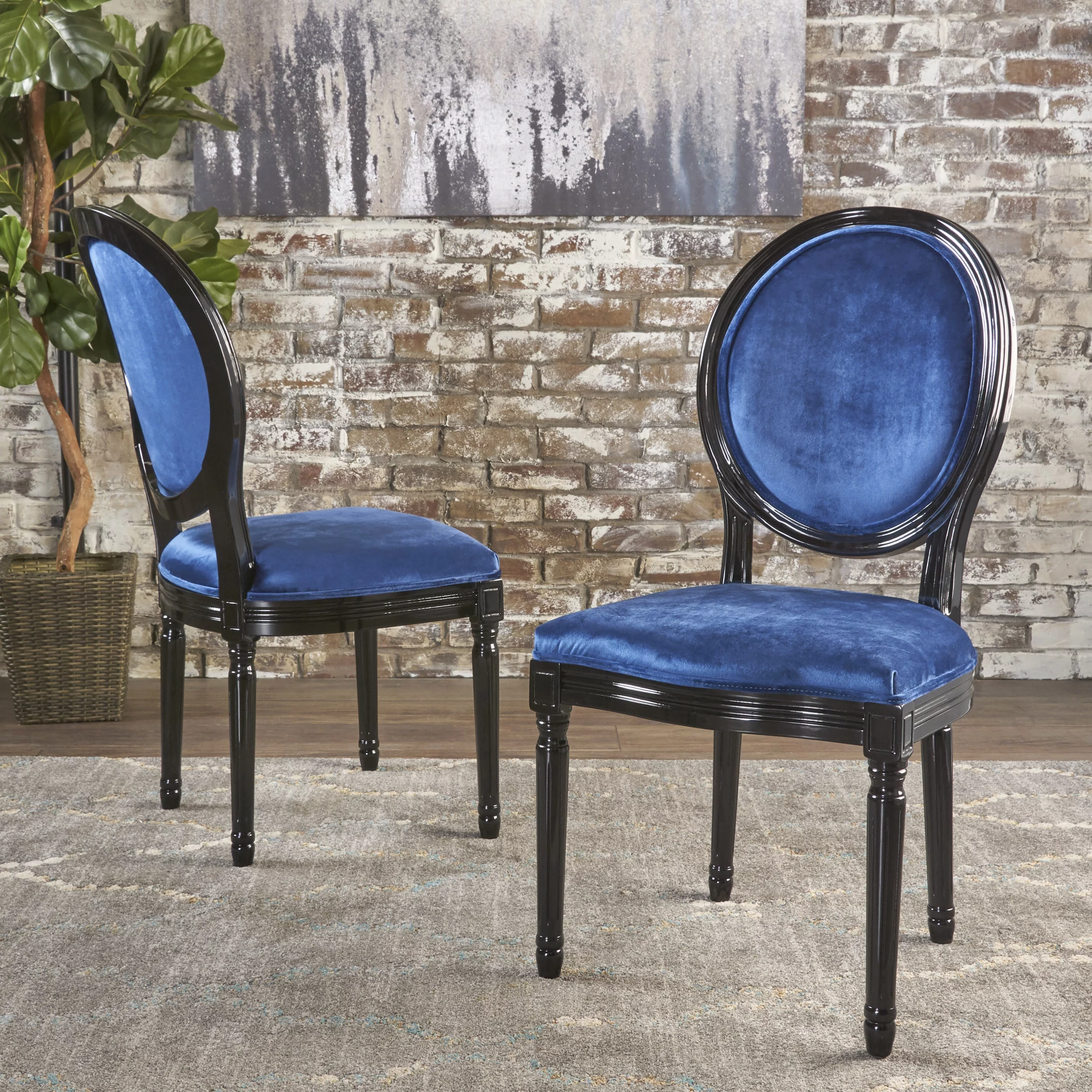 Noble House Phinnaeus Indoor FrenchVelvet Dining Chairs, Set of 2, Navy Blue