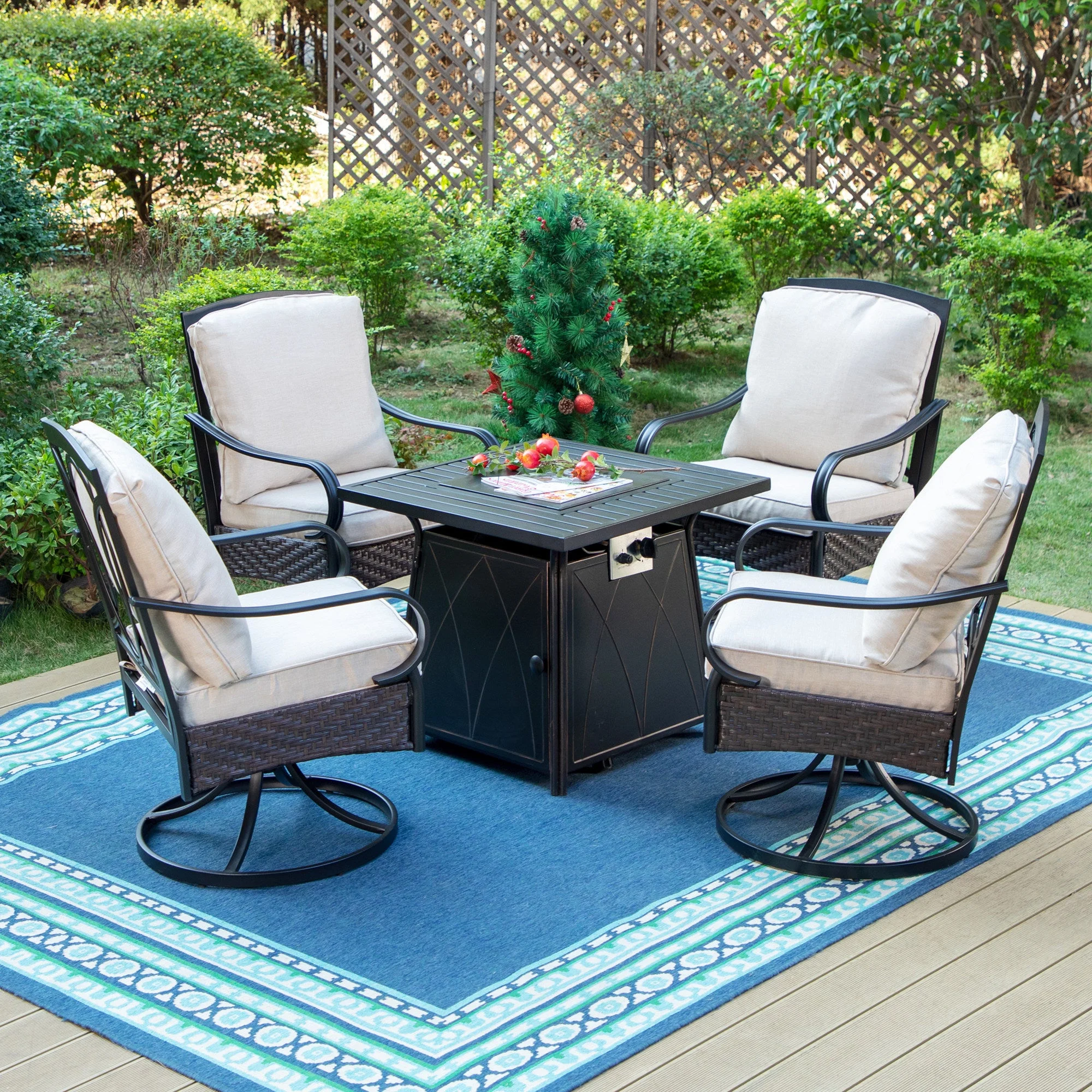 MF Studio 5-Piece Patio Conversation Set with 4 Swivel Wicker Cushioned Chairs & Fire Pit Table, 50,000 BTU, Black & Beige