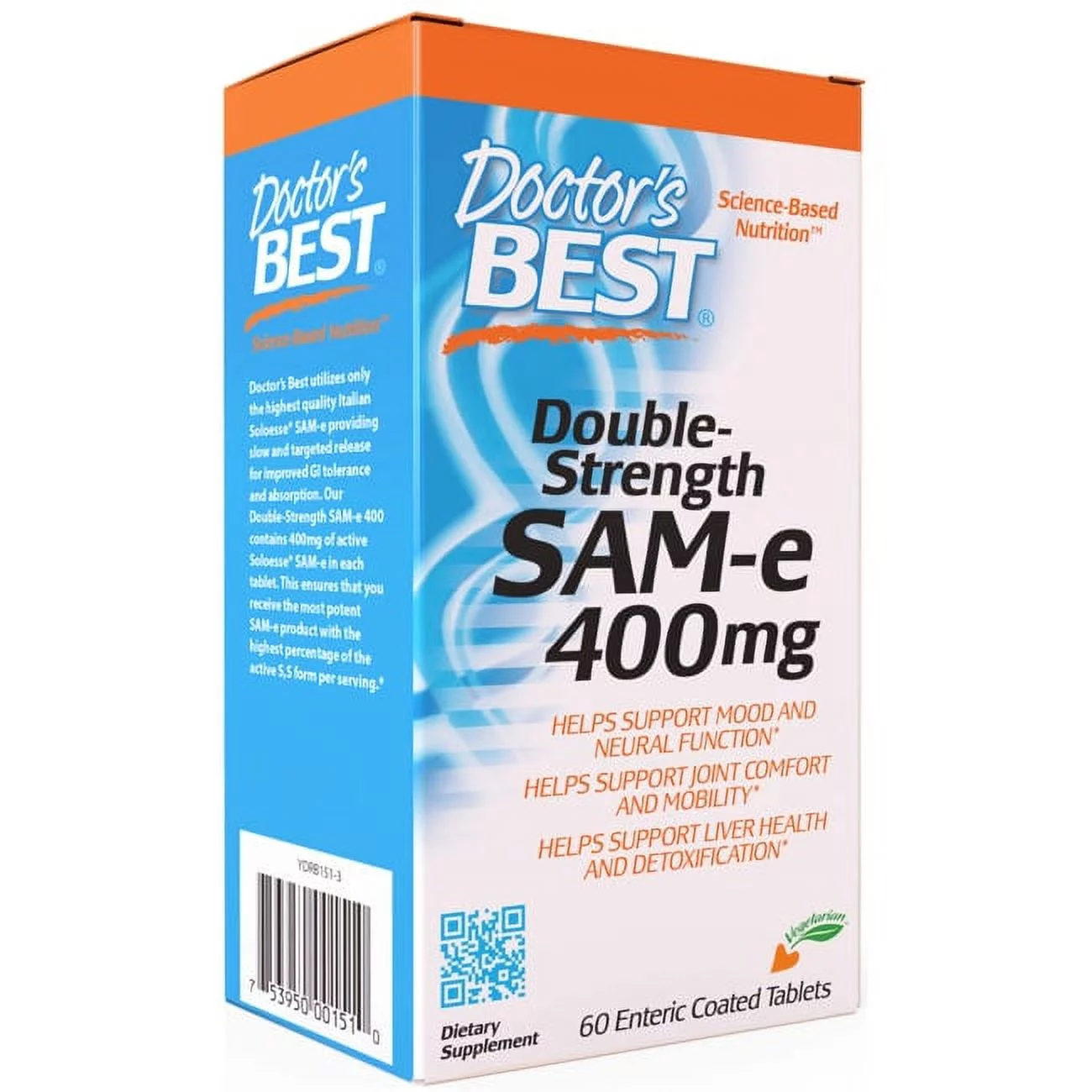 Doctor's Best SAM-e 400 mg, Vegan, Gluten Free, Soy Free, Mood and Joint Support, 60 Enteric Coated Tablets