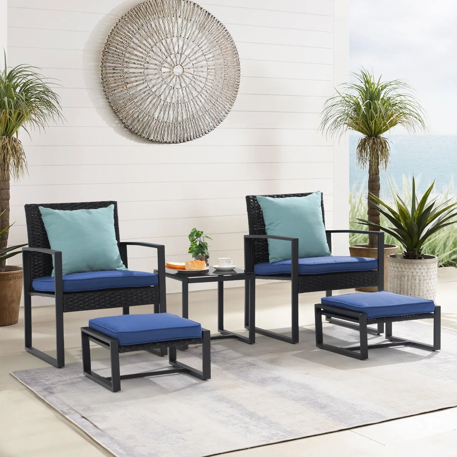 Orange-Casual 5-Piece Outdoor Furniture Set, Patio Steel 4 Sitting Conversation Set, with Ottomans & Soft Washable Cushions, Navy blue
