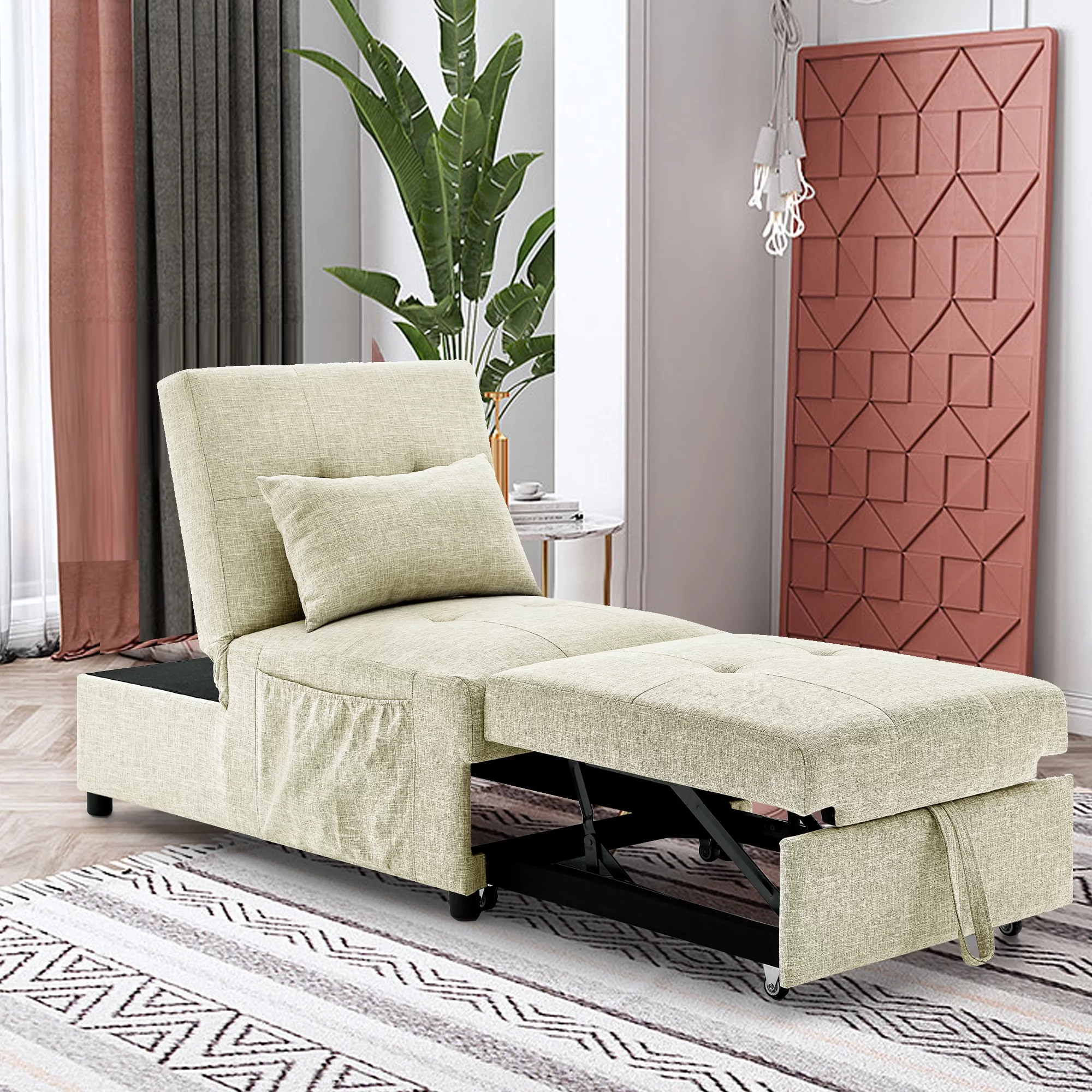 Folding Sofa Bed Chair, 4in1 Multi-Function Single Folding Ottoman Sleeper Sofa Bed w/Storage Bag, Modern Sleeper Convertible Chair Adjustable Backrest, Small Couch Bed for Apartment, Beige